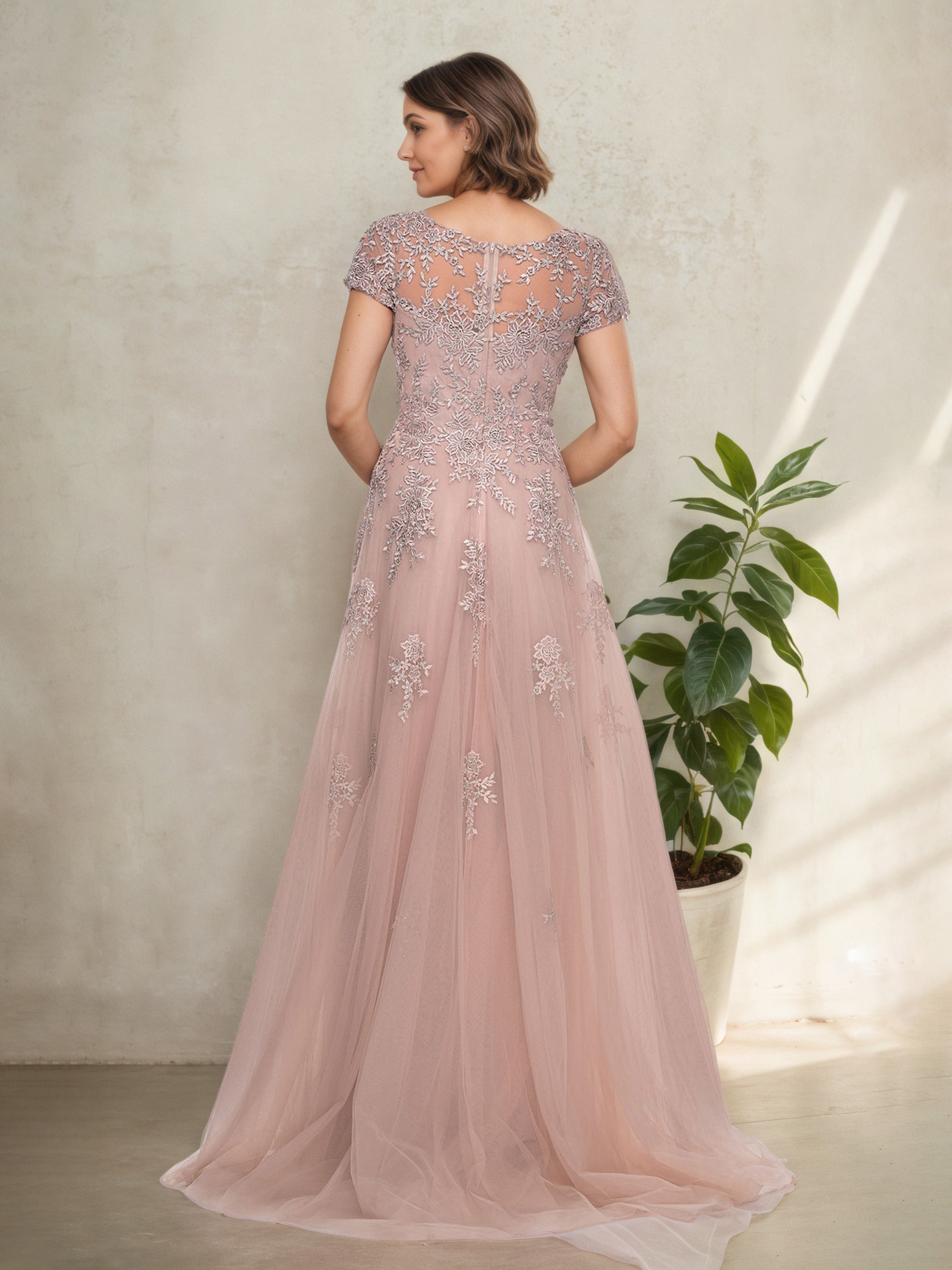 Robe Mère de la Mariée Rose Poudré en Dentelle Manches Courtes à Décolleté en V