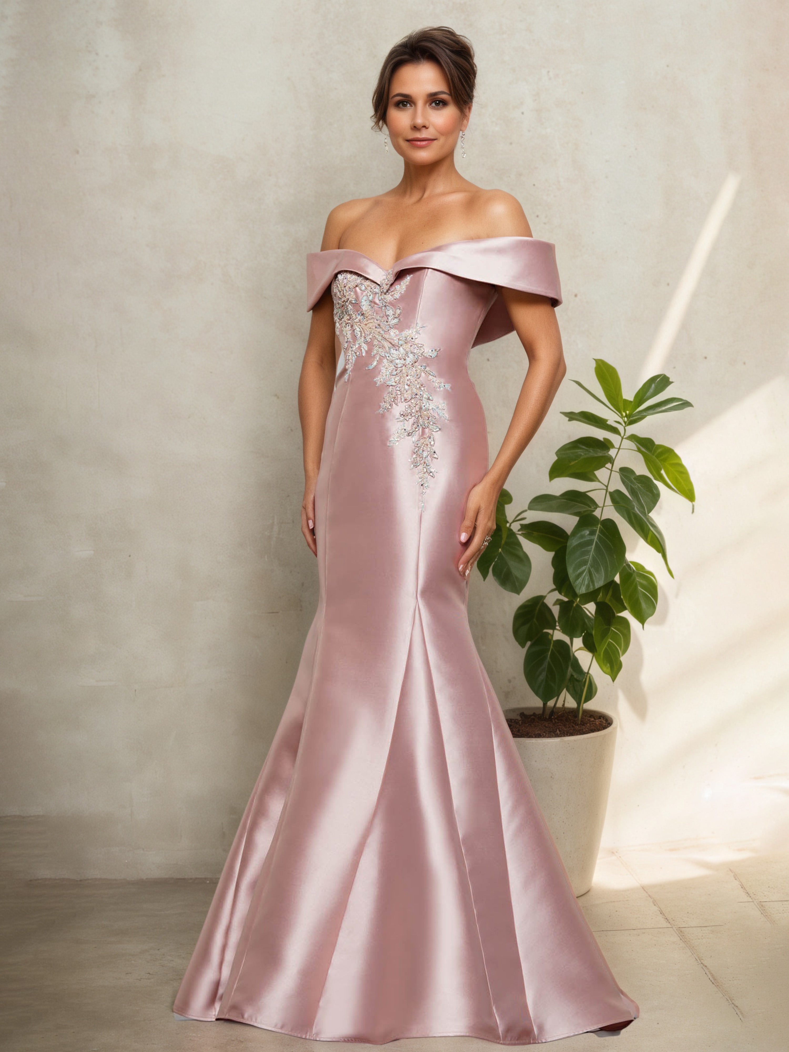 Robe de Cérémonie ROSE_POUDRE pour Mère de la Mariée Style Épaules Dénudées et Silhouette Sirène/Trumpet