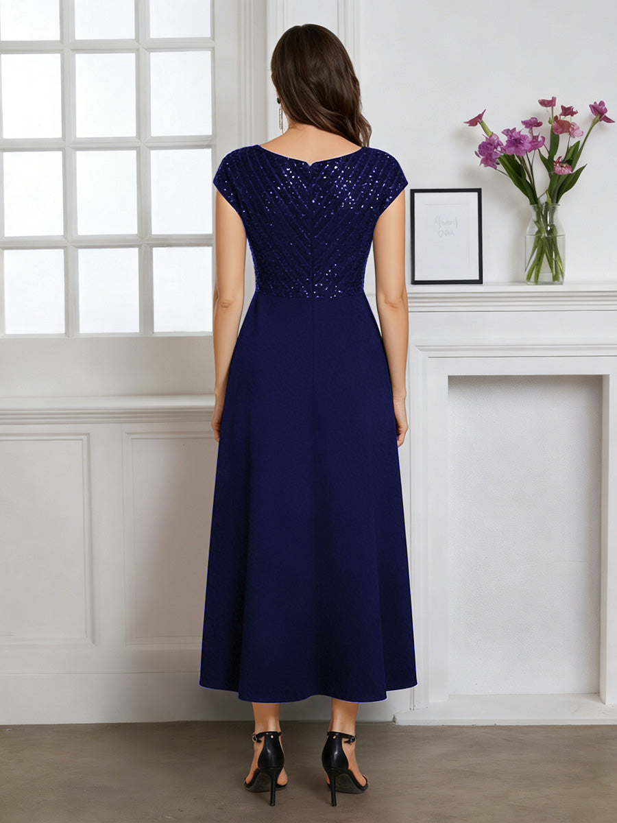 Cicinia Robe pour Mère de la Mariée BLEU MARINE Longue A-Line en Mousseline à Paillettes Décolleté en V Longueur Midi