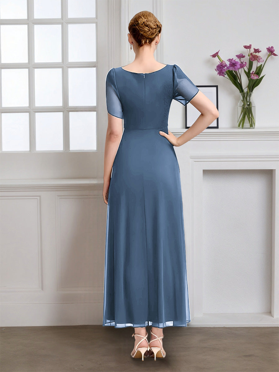 Cicinia Robe pour Mère de la Mariée BLEU POUDRE Longue A-Line en Mousseline Manches Courtes Décolleté en V Longueur Cheville