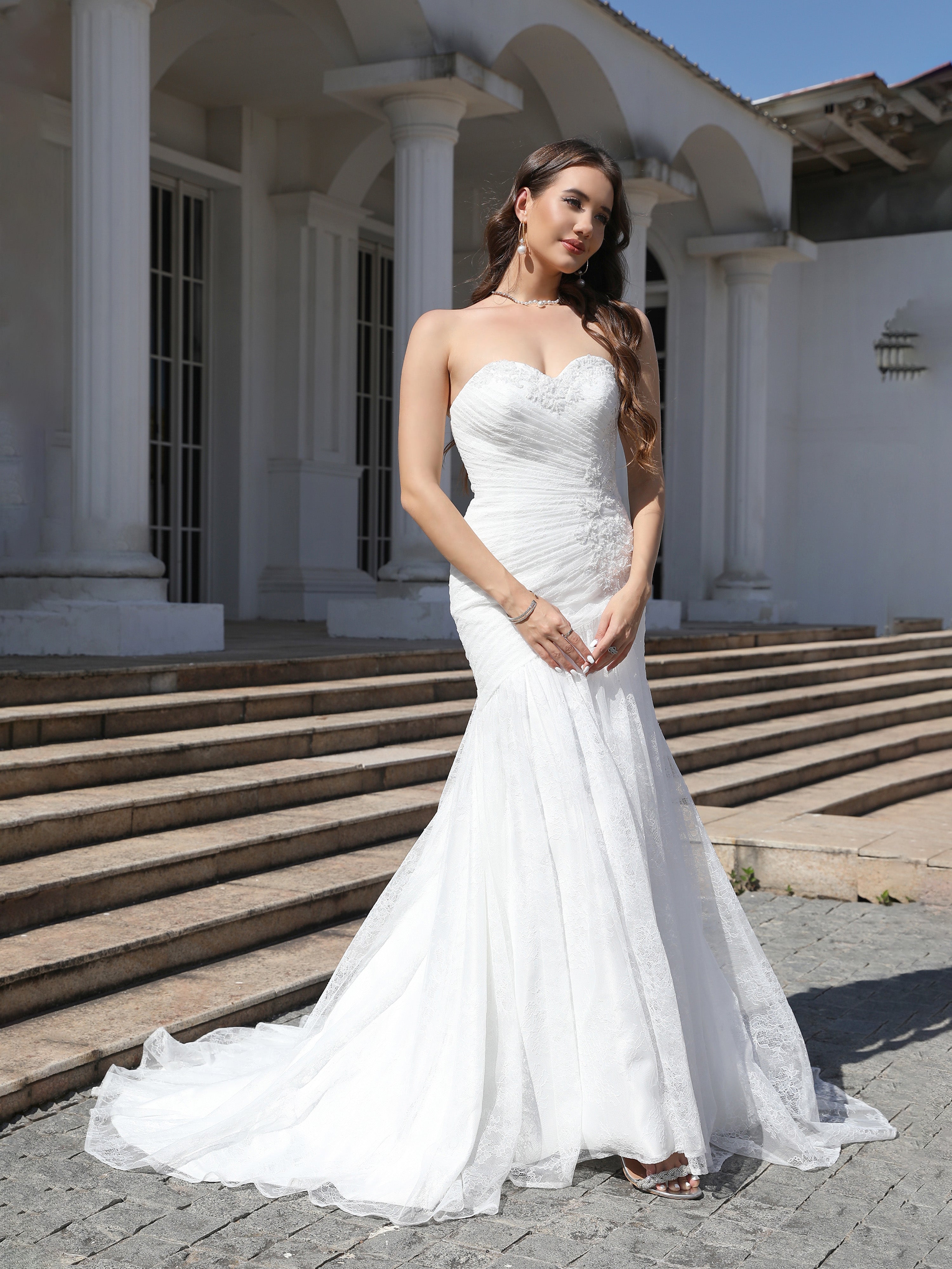 Cache Cœur Dentelle&Tulle Robe de Mariage Trompette/Sirène avec Traîne de balayage / pinceau