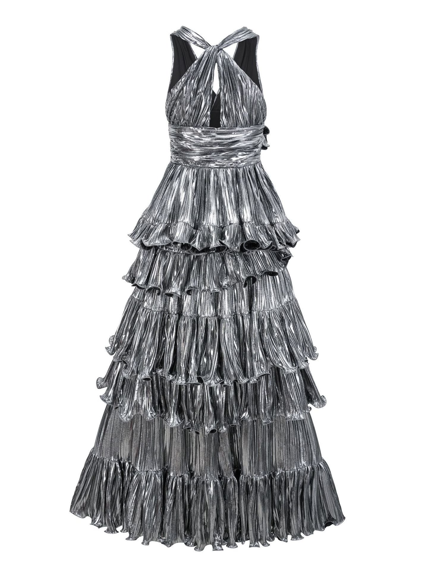 Robe Longue Asymétrique Col V Sans Manches Robe de Soirée en Argent