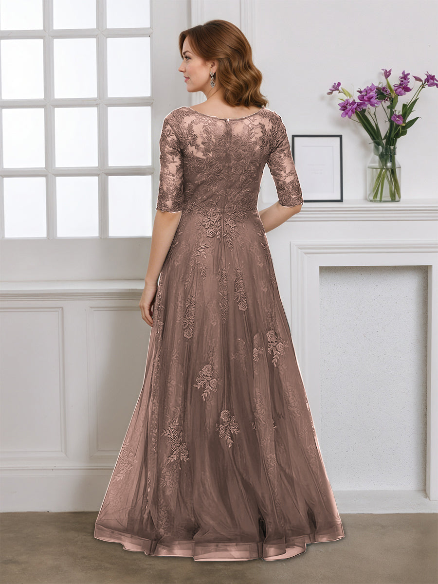 Cicinia Robe pour Mère de la Mariée BRUN Longue en Tulle Appliqués Dentelle Manches Demi-longues Longueur Sol