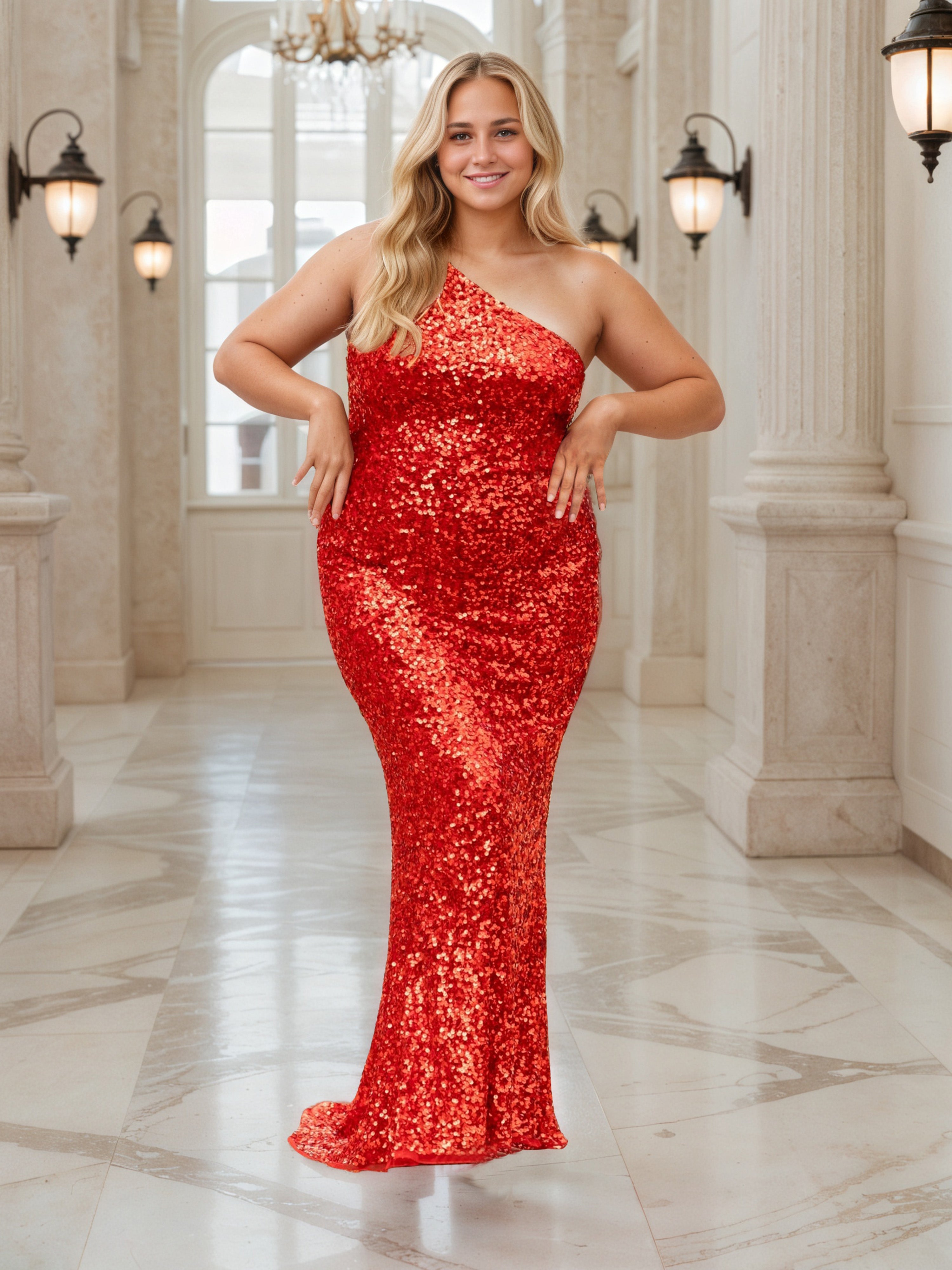 Robe de Bal ROUGE à Une Épaule Pailletée Grande Taille Longue Sans Manches