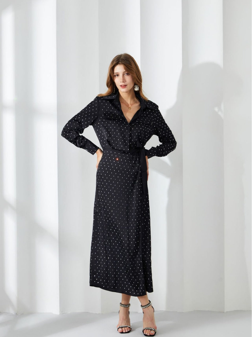 Robe Trapèze Col Polo Manches Longues Robe de Soirée en Noir