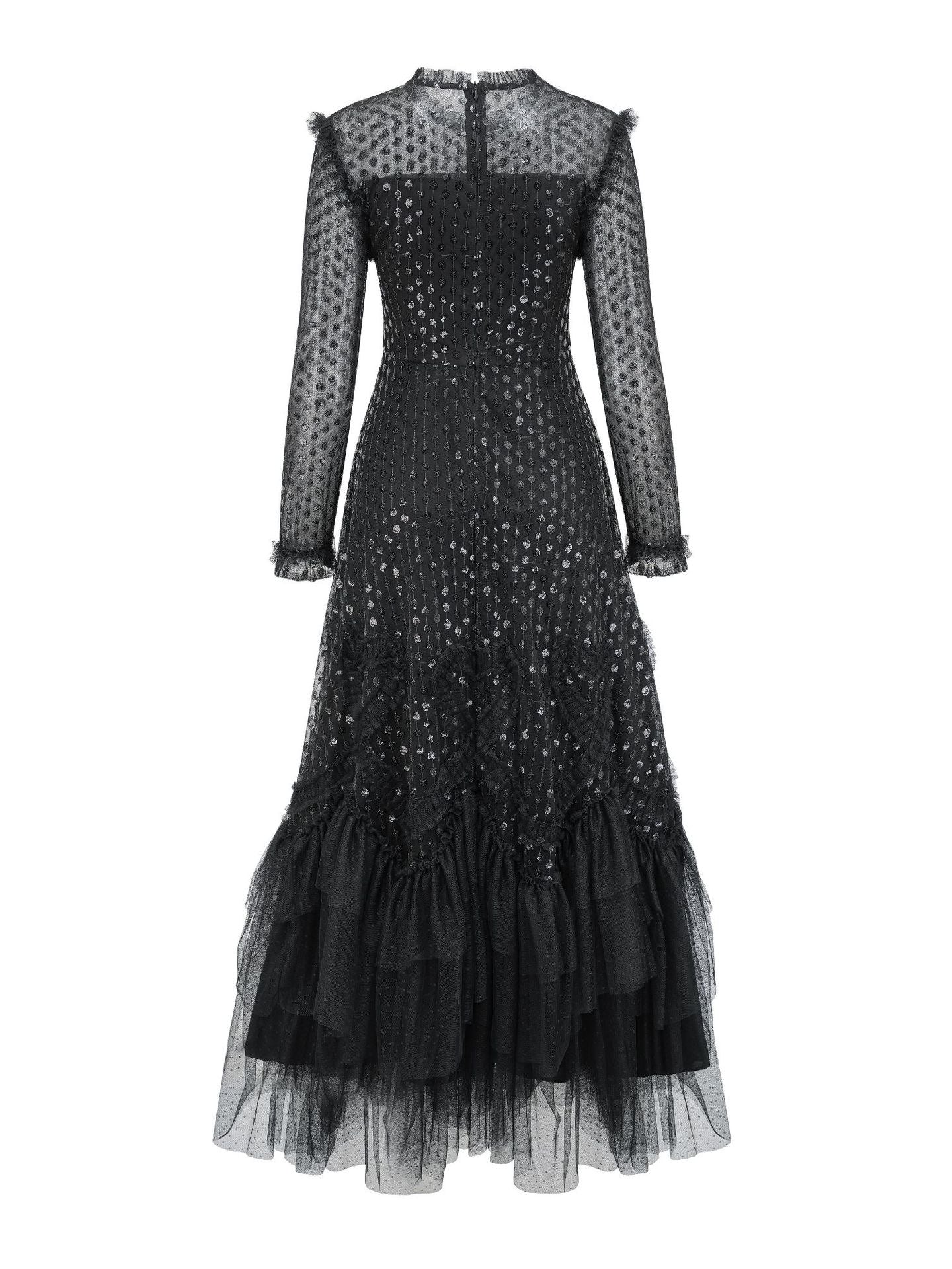 Robe Longue Paillettes Trapèze Col Rond Manches Longues Robe de Soirée en Noir