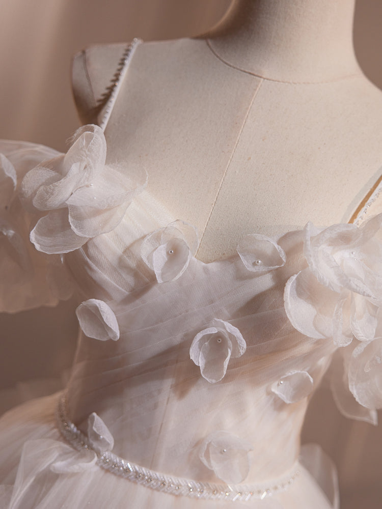 Robe de mariée Fleurs Épaules Dénudées en Tulle avec Balayage et Perles