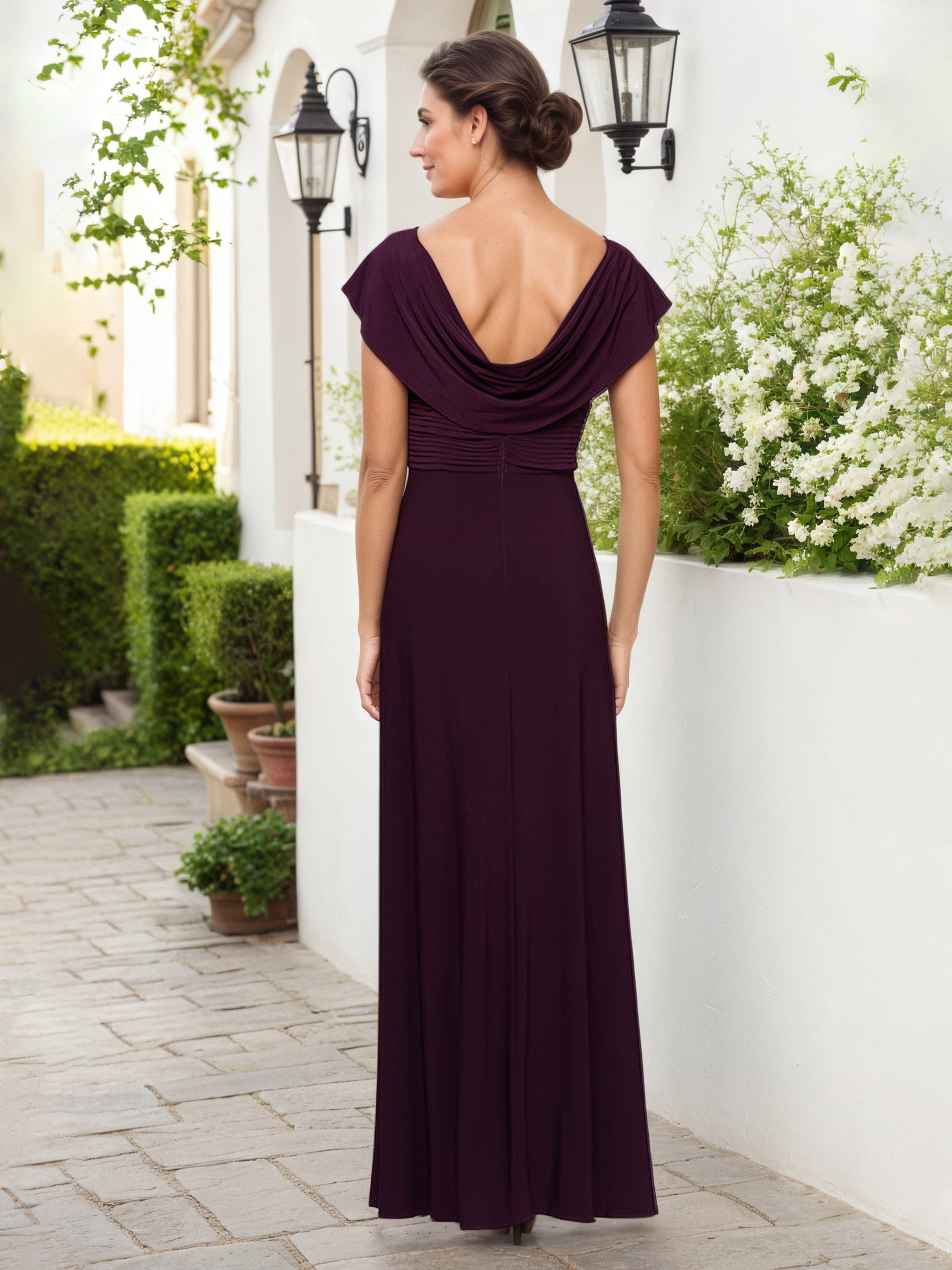 Robe Mere dela Mariee Aubergine Col bénitier Trapèze Robe Longue Fendue Manchette