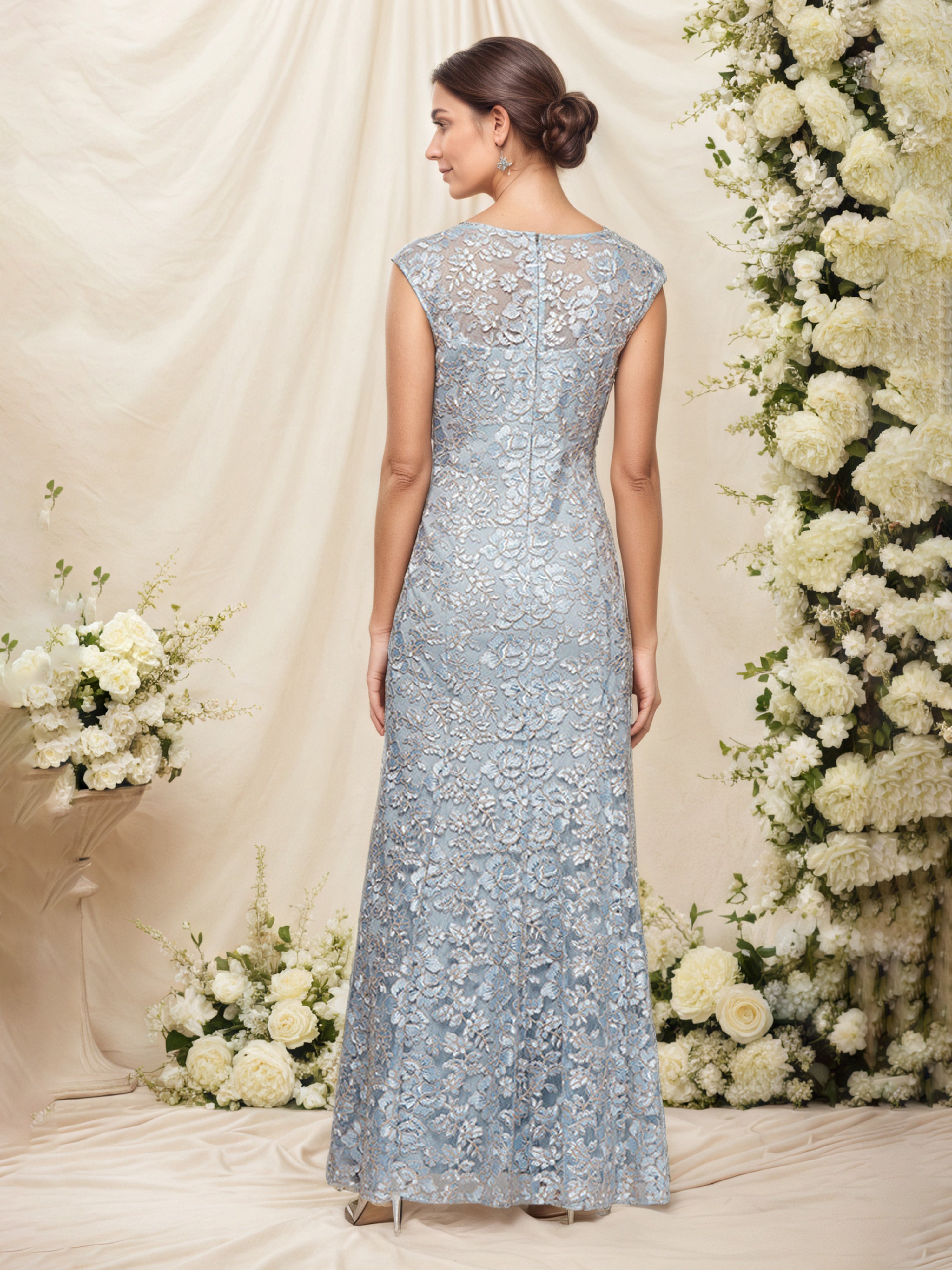 Robe Mère de la Mariée BLEU Fourreau/Colonne Col ras du cou Manchette Brodée avec Châle