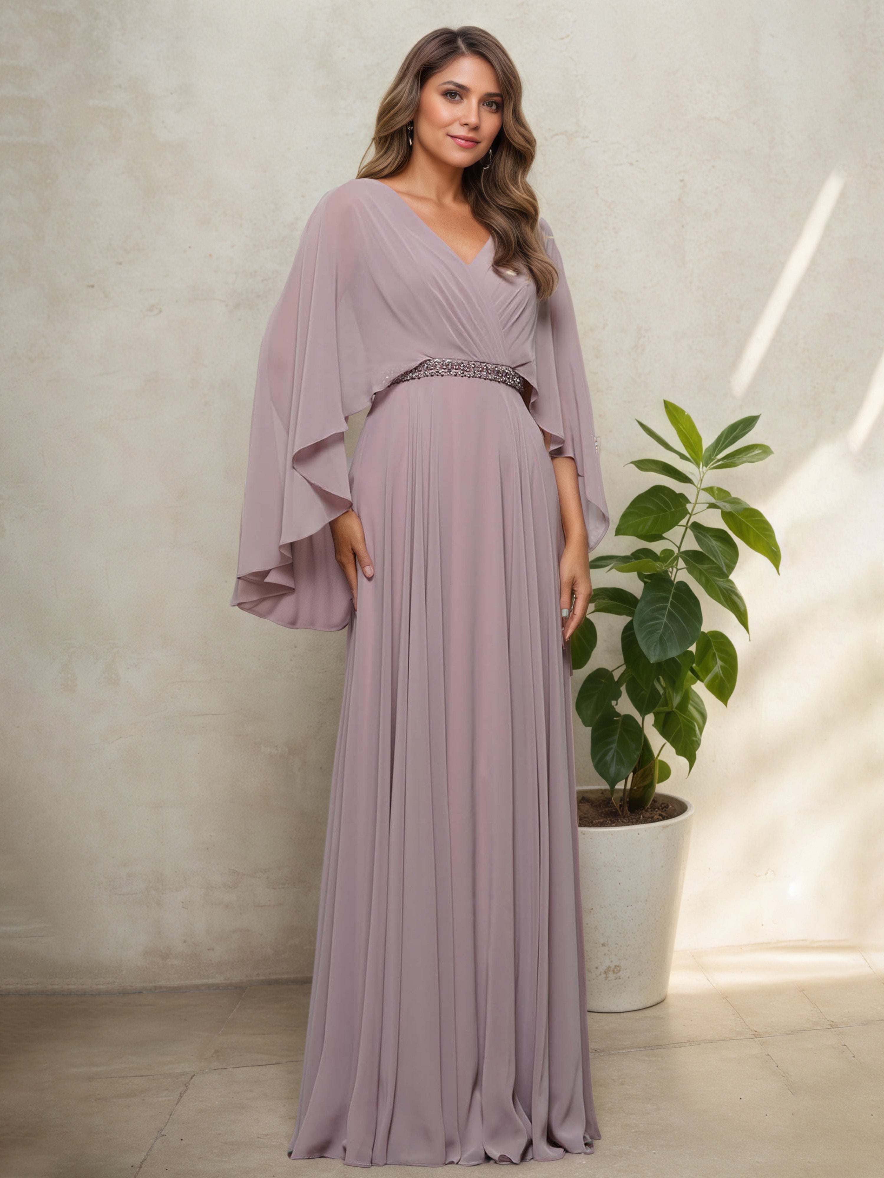 Robe Mère de la Mariée VINTAGE_MAUVE Longue Silhouette A-Line à Décolleté en V avec Châle