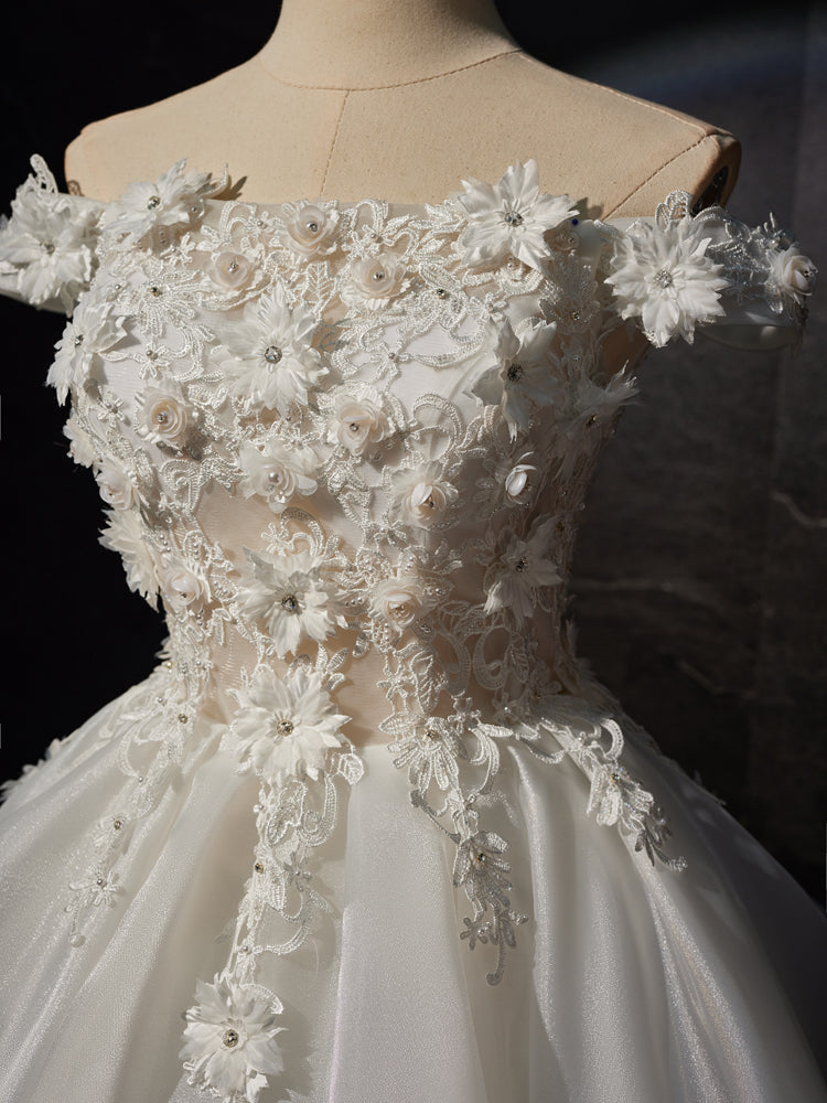 Robe de bal en Organza Longueur Genou à Épaules Dénudées avec Appliques Florales 3D