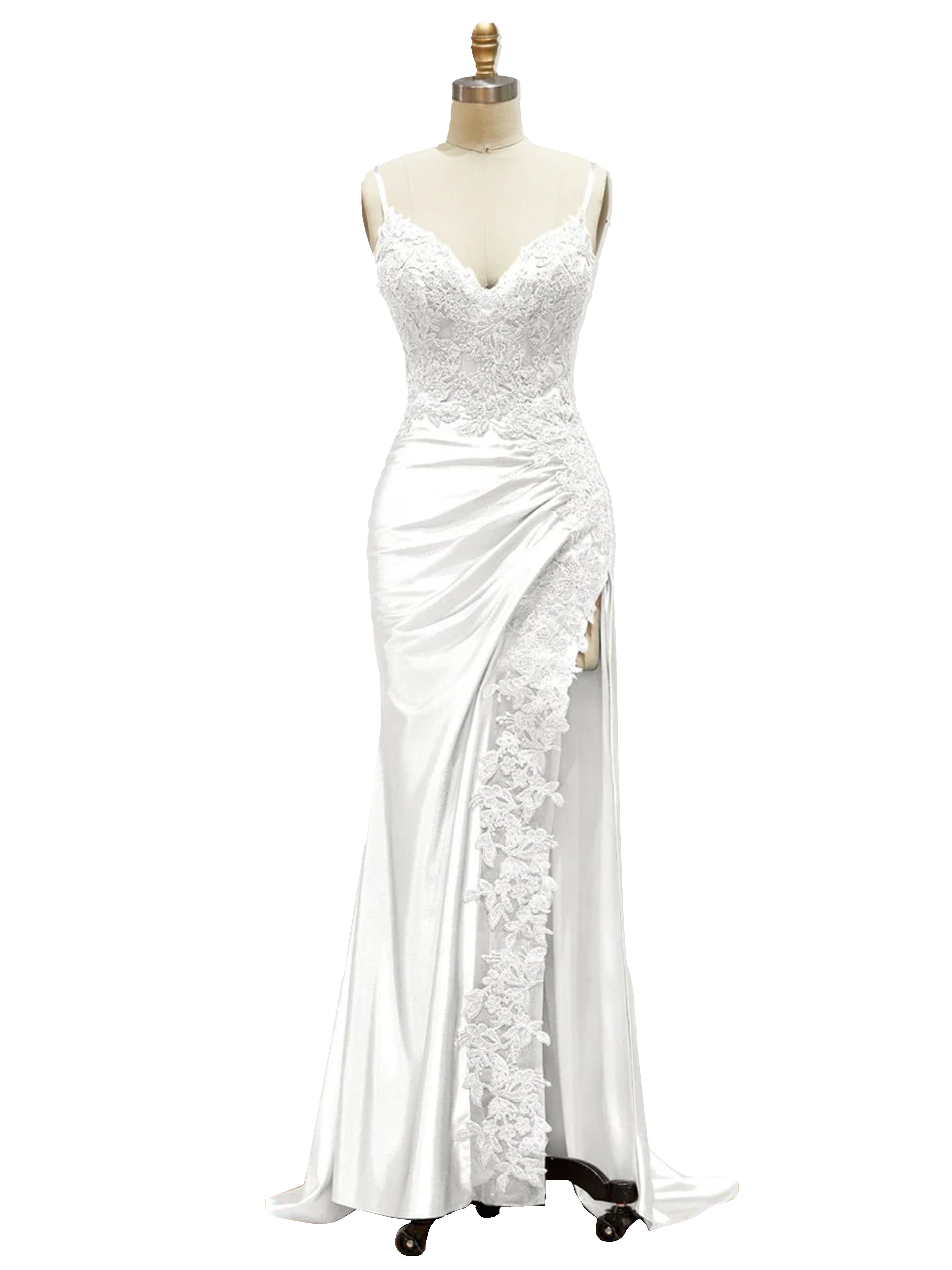 Robe de Soirée IVOIRE Col V Bretelles Spaghetti en Dentelle Fourreau Fendue Robe de Bal