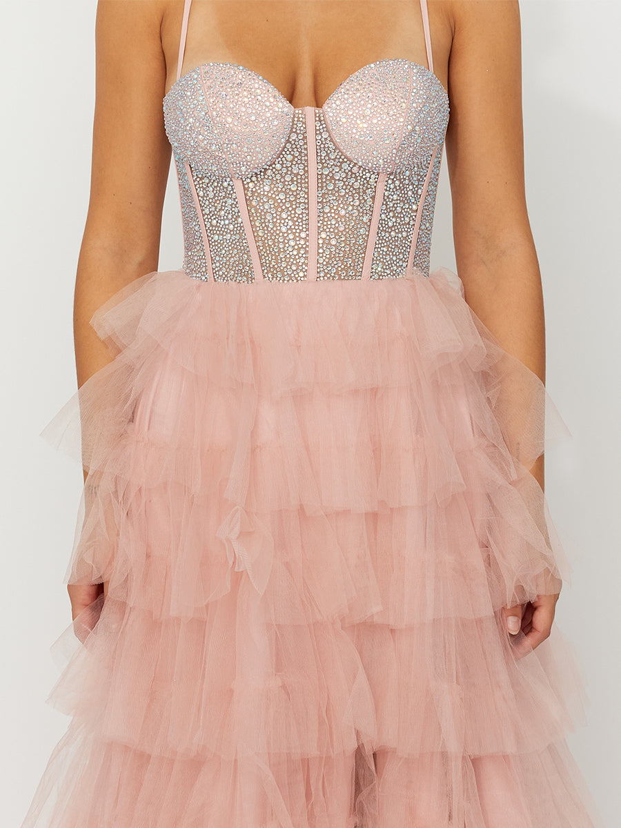 Cicinia Rose Perlé Robe de Soirée Longue en Tulle A-Line Bretelles Spaghetti Fente à Volants
