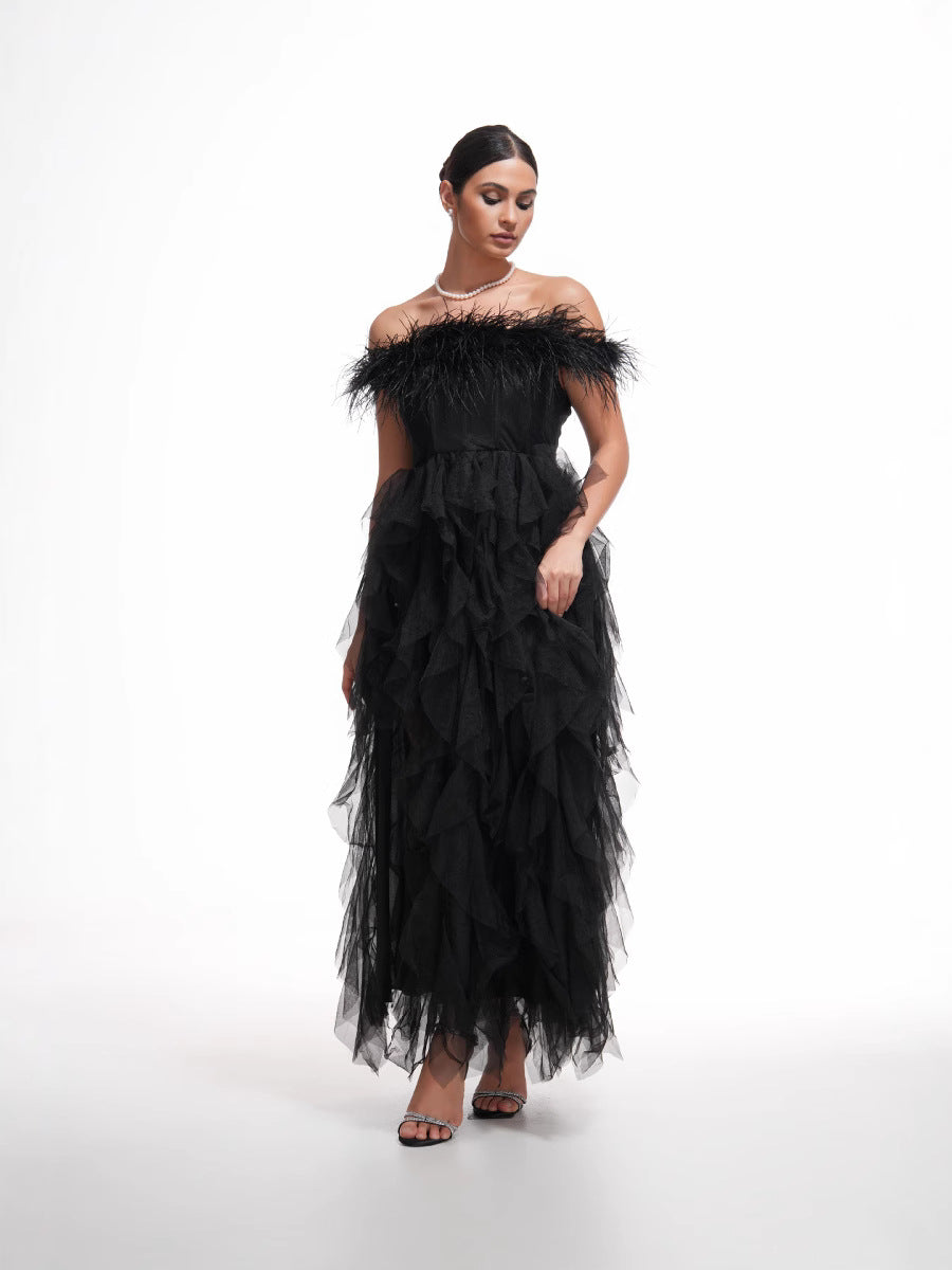 Robe Longue Trapèze Épaule Dénudée Sans Manches Robe de Soirée en Noir