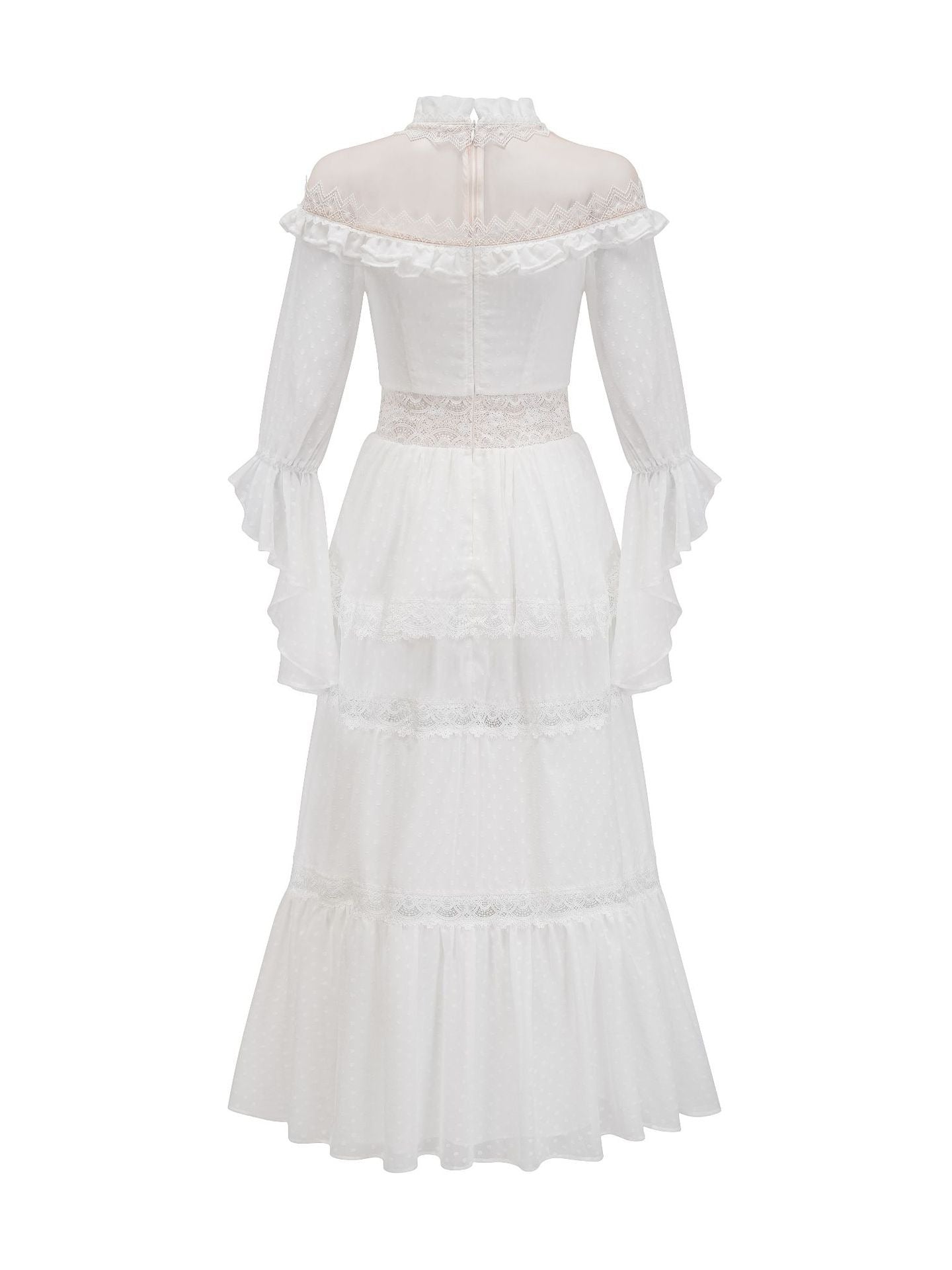 Robe Longue Broderie Empire Col Montant Manches Longues Robe de Soirée en Blanc
