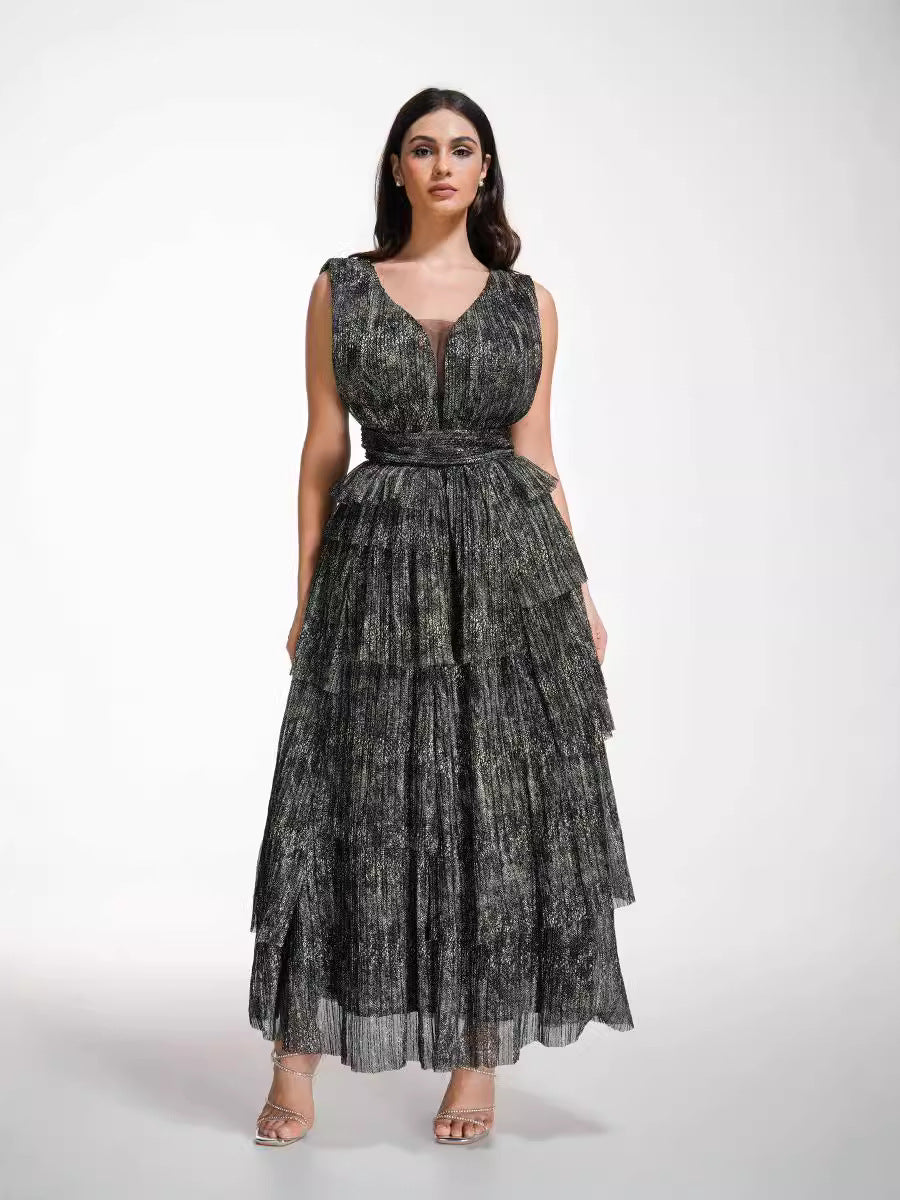 Robe Longue en Tulle Trapèze Col V Sans Manches Robe de Soirée en Noir