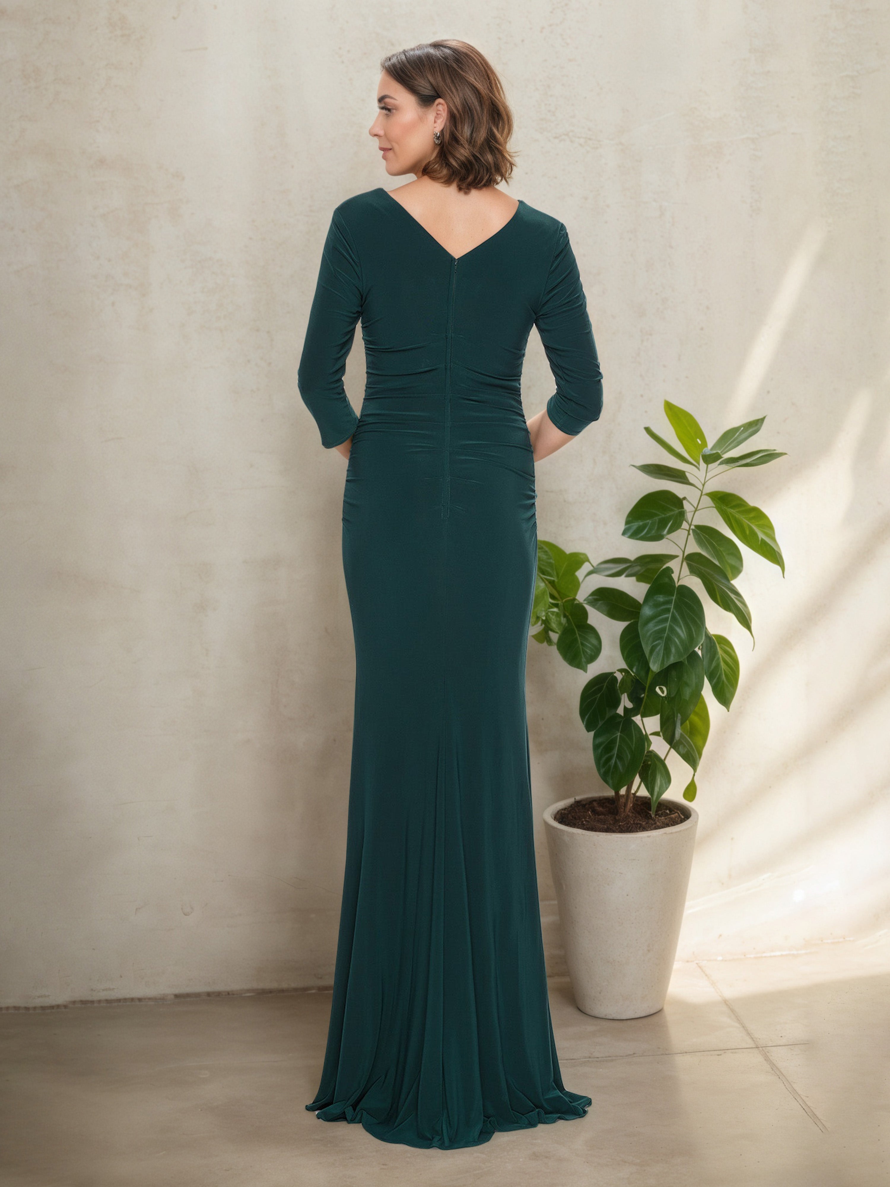 Robe Mère de la Mariée Paon Col Carré Silhouette Sheath à Manches 3/4