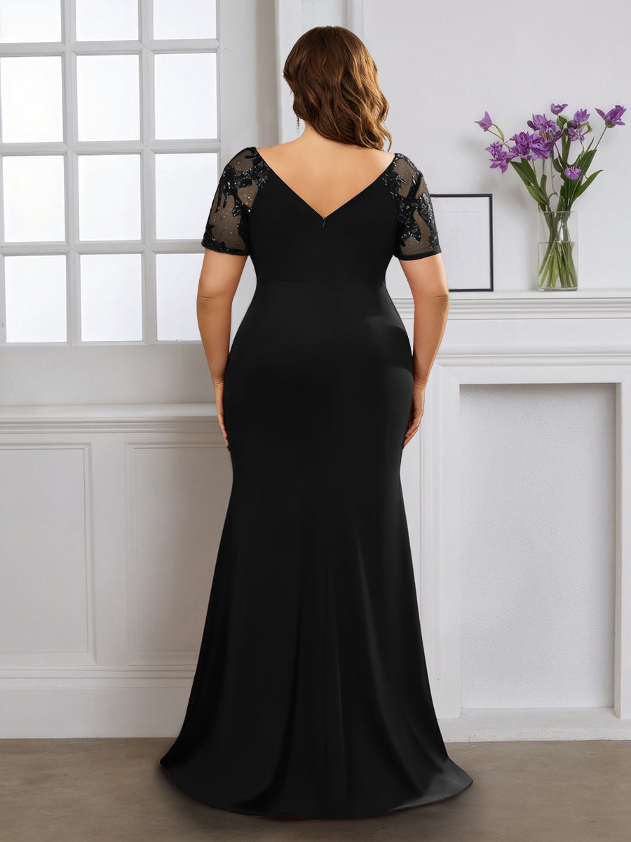 Cicinia Robe pour Mère de la Mariée Noir Longue en Tissu Extensible Fourreau Décolleté en V Fente Gande Taille