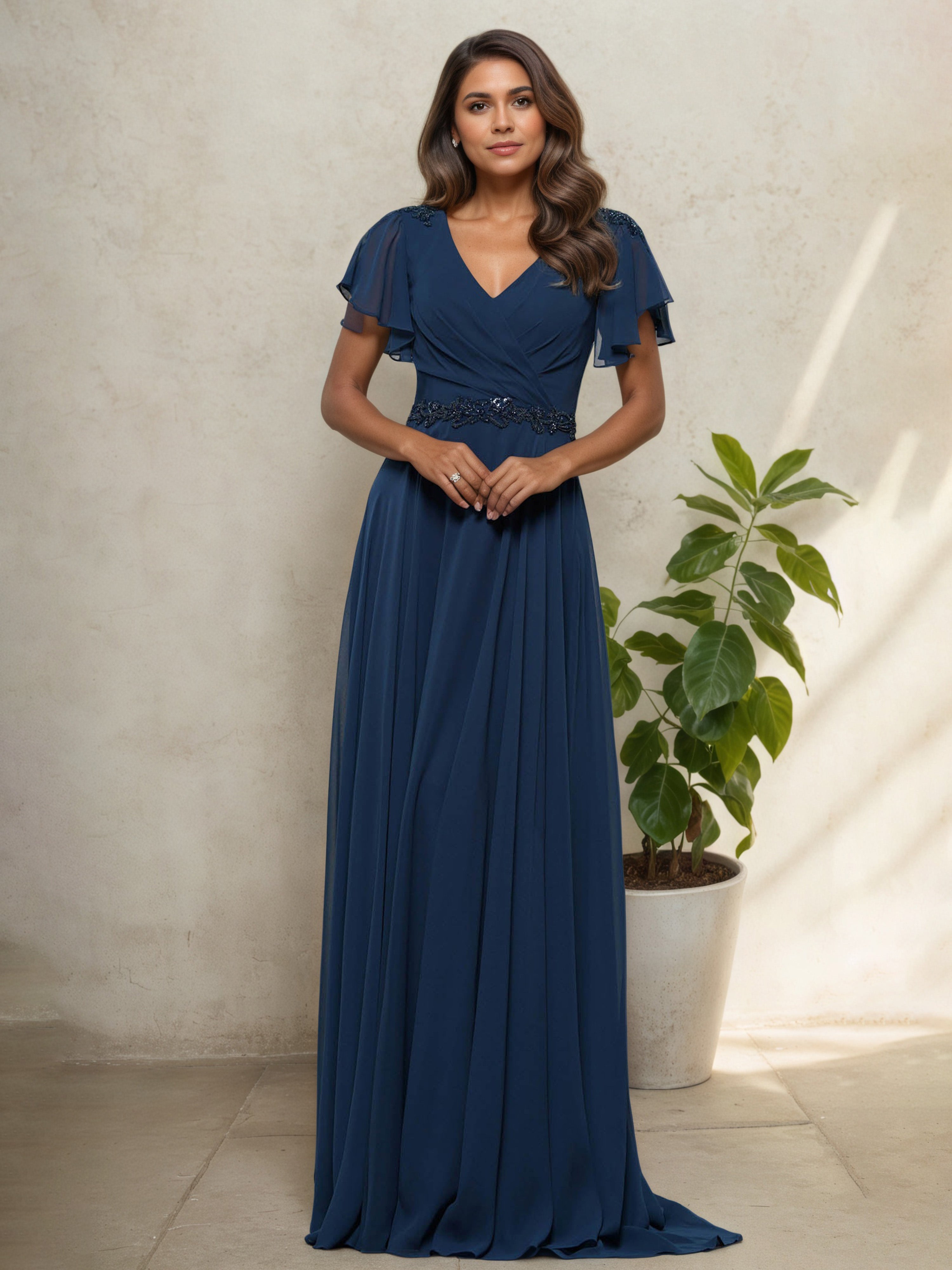 Robe Mère de la Mariée MARINE_FONCE à Décolleté en V Manches Courtes Brodées de Perles