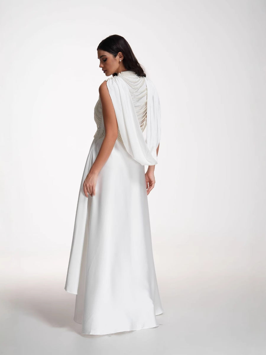 Robe Longue Asymétrique Col Rond Sans Manches Robe de Soirée en Blanc