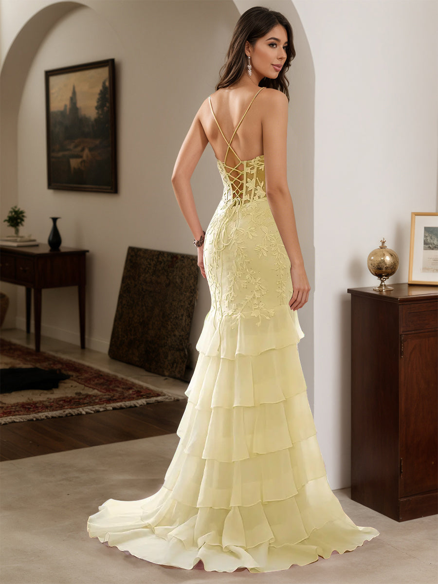 Cicinia Robe de Soirée JONQUILLE Longue Fourreau en Mousseline Appliqués Dentelle à Volants à Bretelles Spaghetti