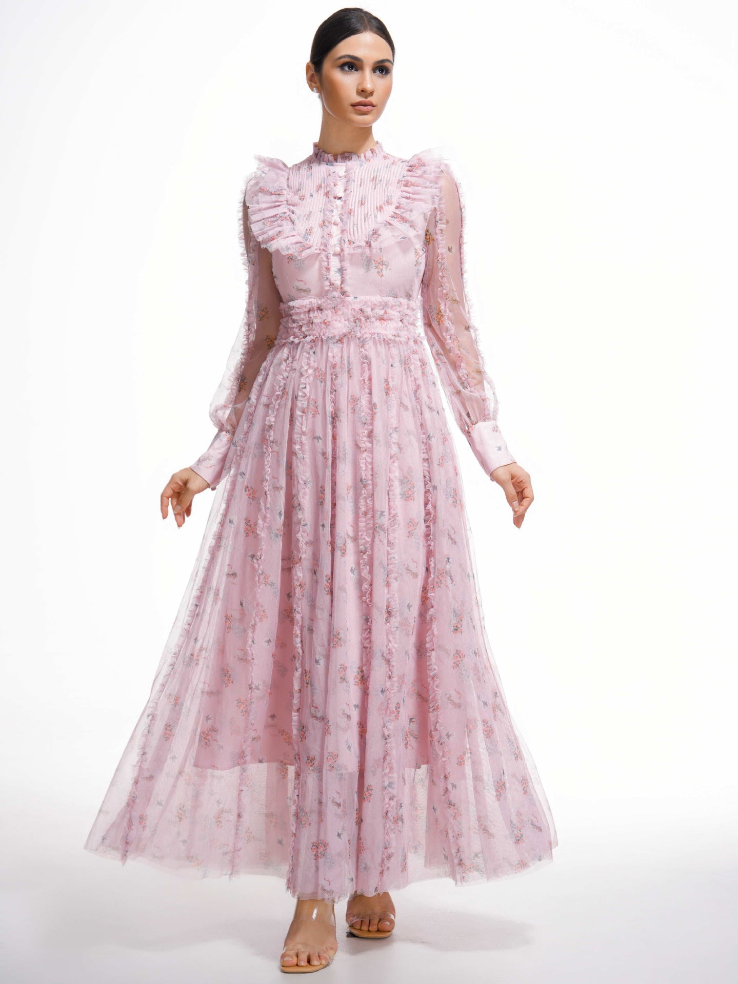 Robe Longue Trapèze Col Rond Manches Longues Robe de Soirée en Rose