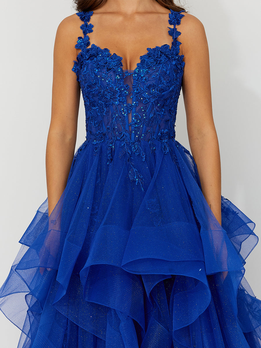 Cicinia Bleu Royal Robe de Soirée Longue en Tulle Appliqués Dentelle A-Line Longueur Sol à Volants