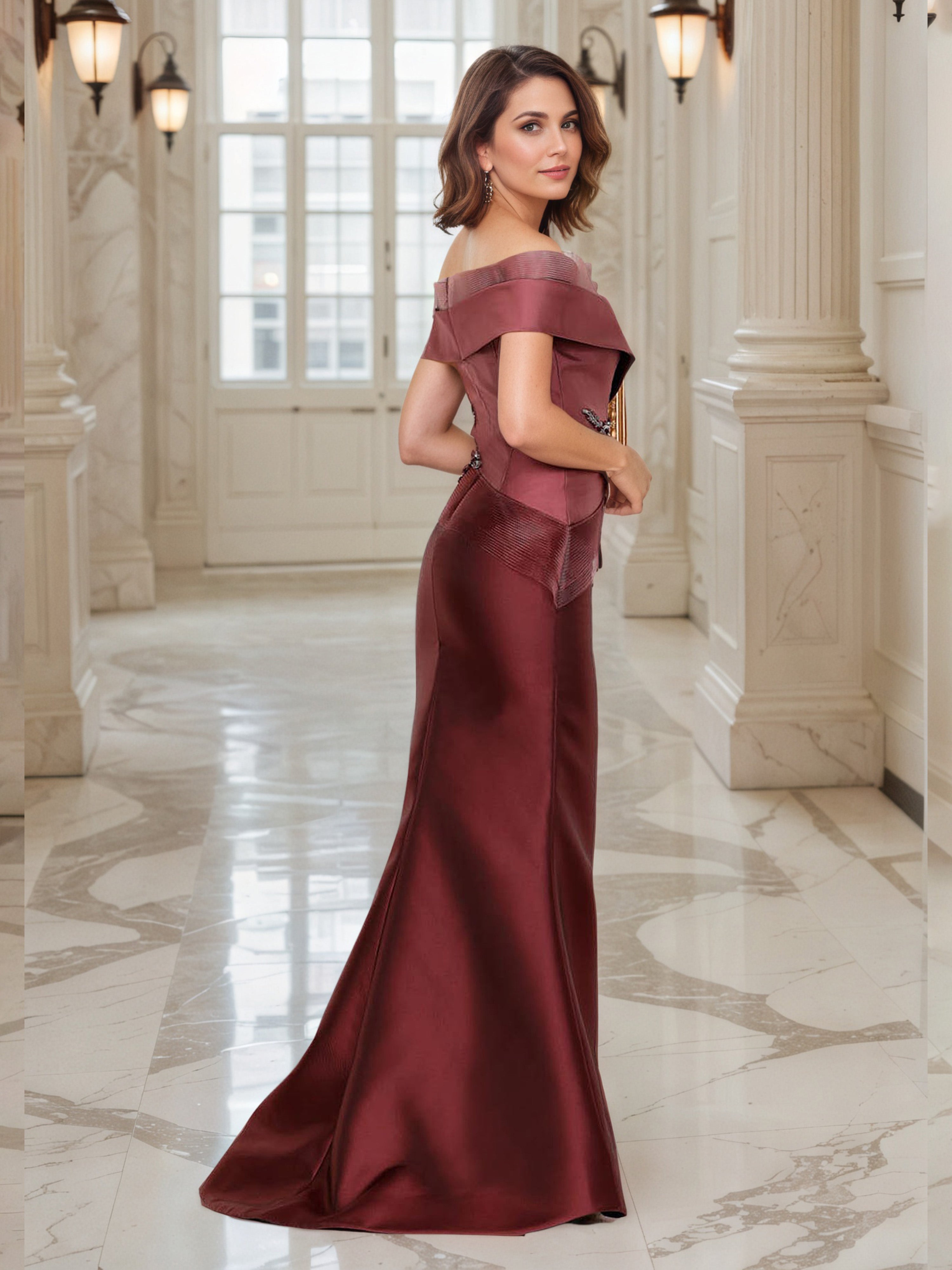 Robe de Soirée ROUILLE Epaules Dénudées avec perles Robe Sirène avec Traîne de balayage / pinceau