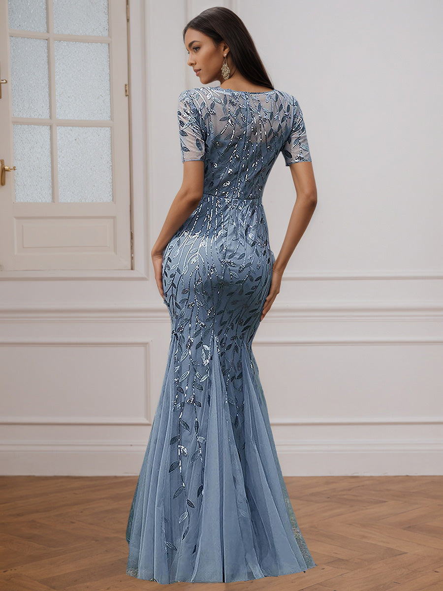 Cicinia Robe de Soirée en BLEU POUDRÉ Longue en Dentelle Manches Courtes Décolleté en Coeur Ravissante