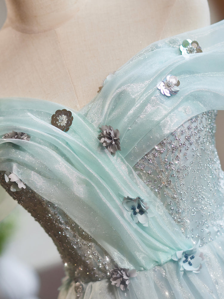 Robe de bal Col Cœur en Tulle Épaules Dénudées avec Appliques de Fleurs