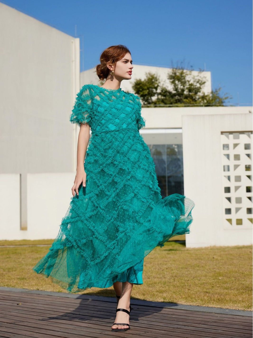 Robe Brodée Trapèze Col Rond Manches Courtes Robe de Soirée en Vert Foncé