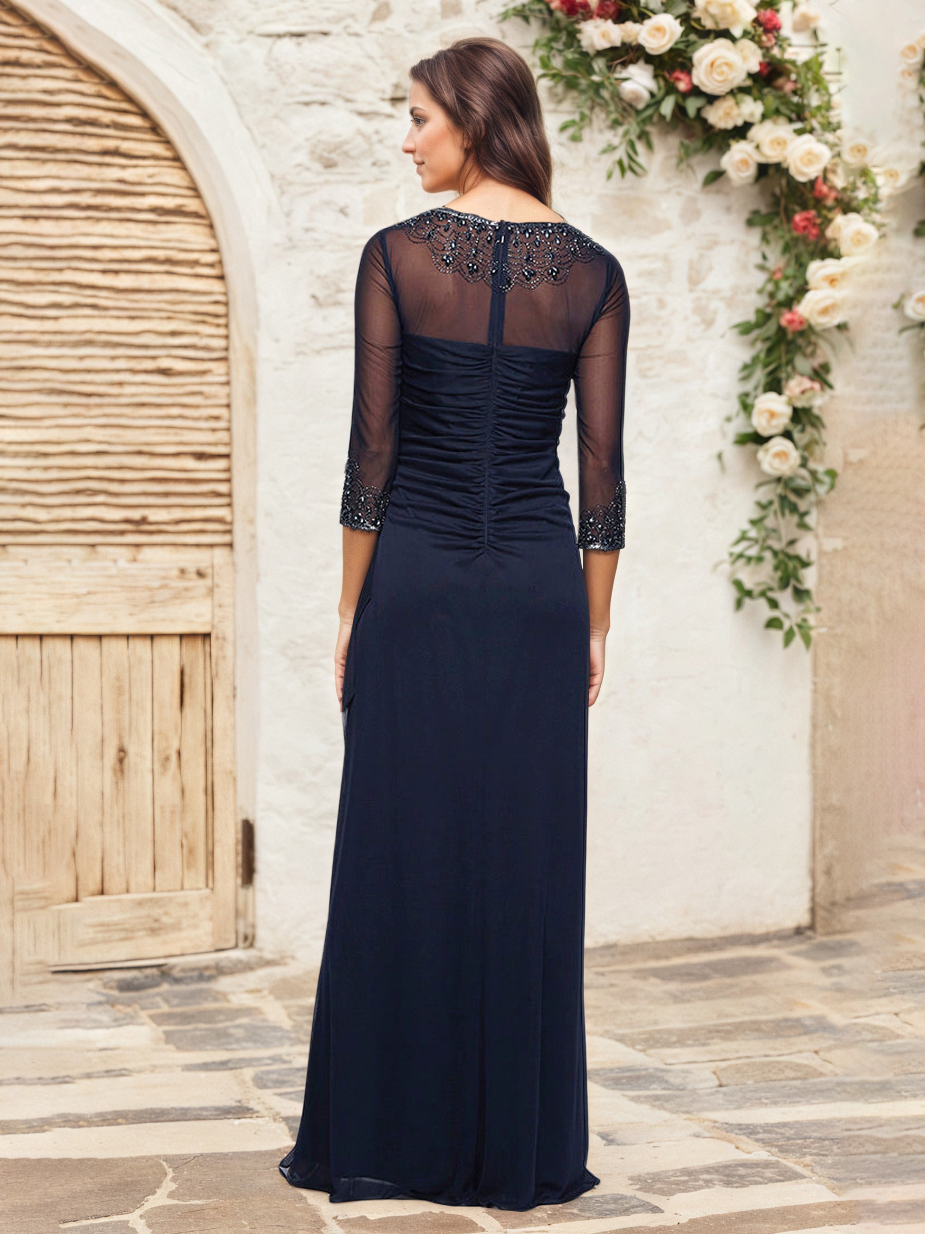 Robe Cérémonie Mariage Mère Du Marié BLEU MARINE Fourreau/Colonne Col Rond Manches 3/4