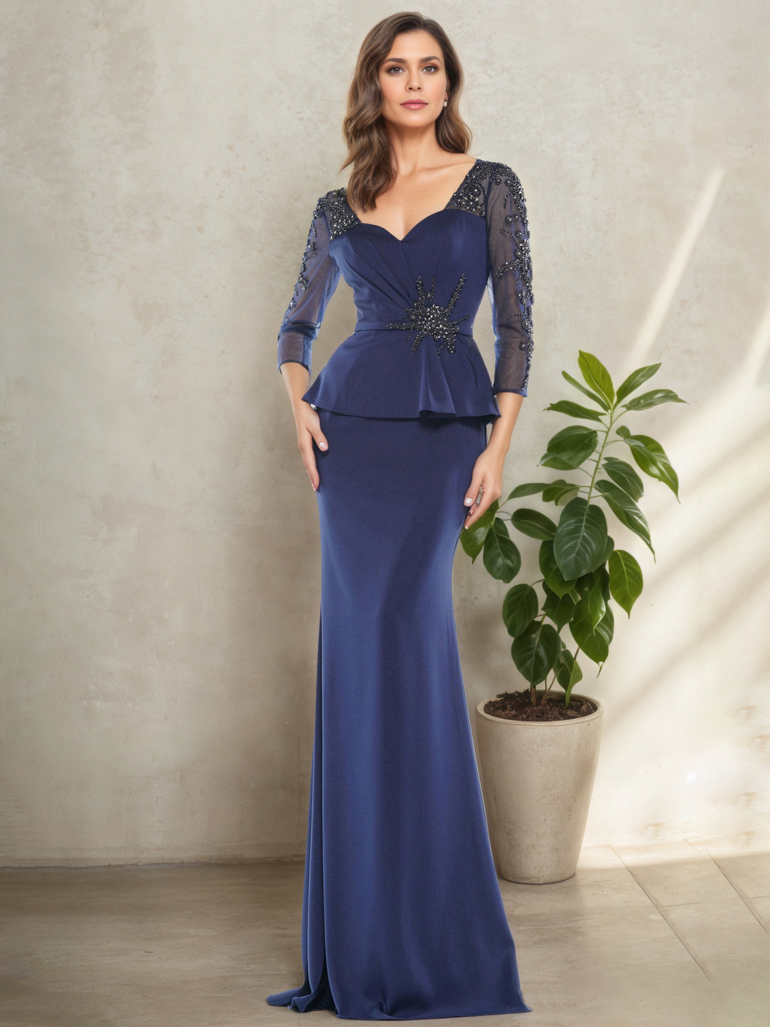Robe Mère de la Mariée Bleu Marine Trompette Bodycon à Manches Longues avec Overlay Sophistiqué