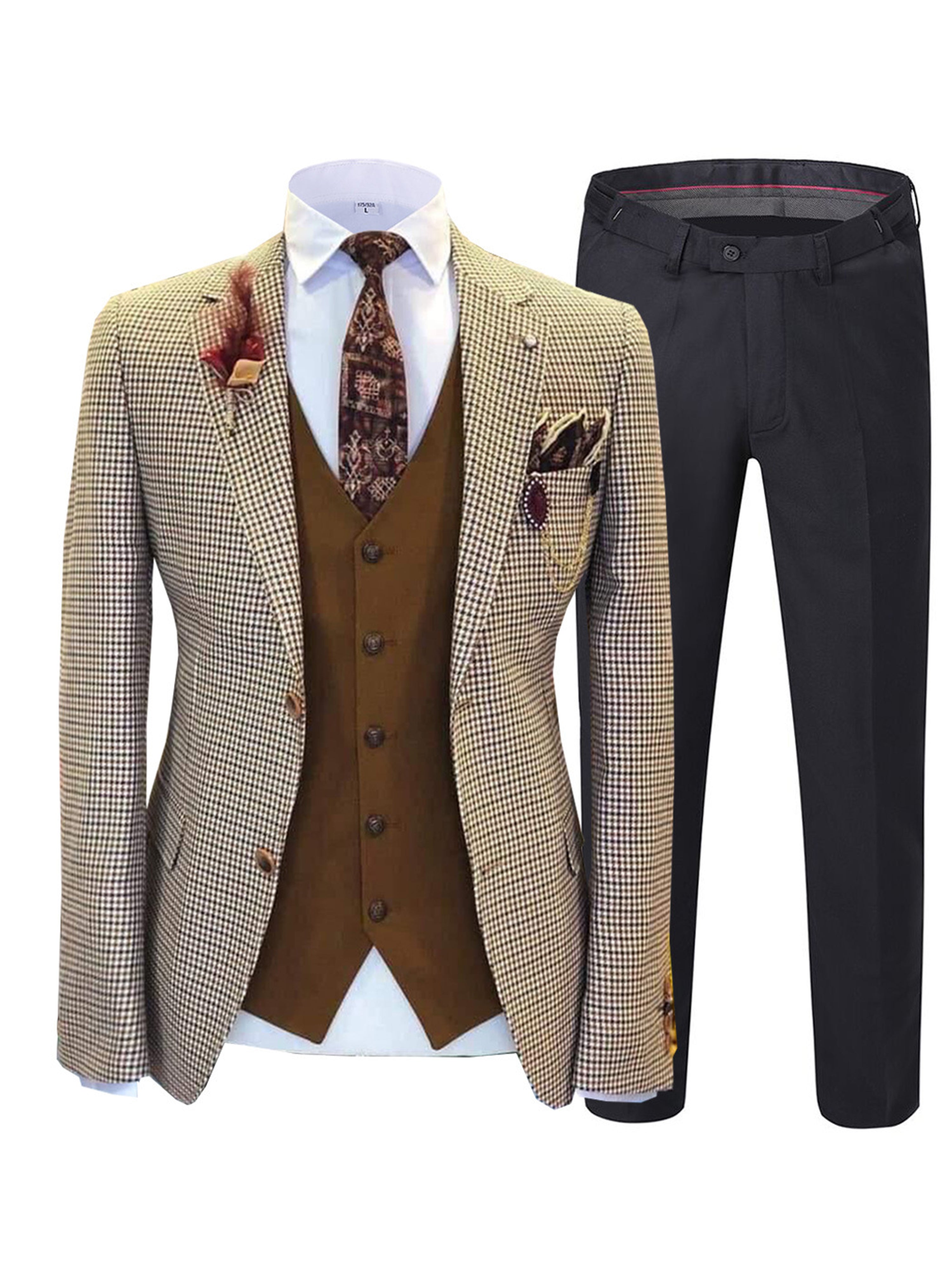 Solovedress Costume Homme 3 Pièces Tweed Chevrons Élégant Mariage – Blazer, Gilet & Pantalon Classique