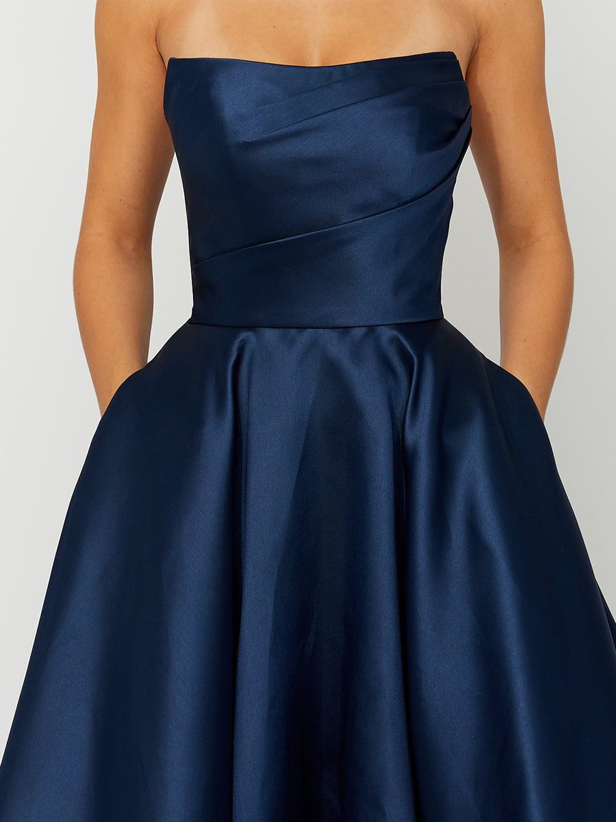 Cicinia Bleu Marine Robe de Soirée Longue en Satin A-Line Longueur Sol sans Bretelles Chic