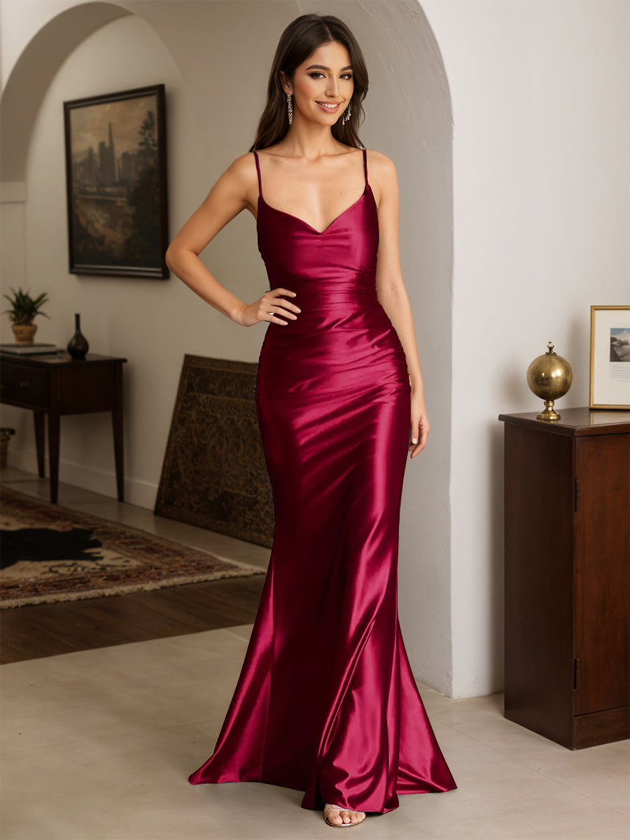 Cicinia Robe de Soirée BORDEAUX Longue en Satin Extensible Fourreau à Bretelles Spaghetti Dos Nud Chic