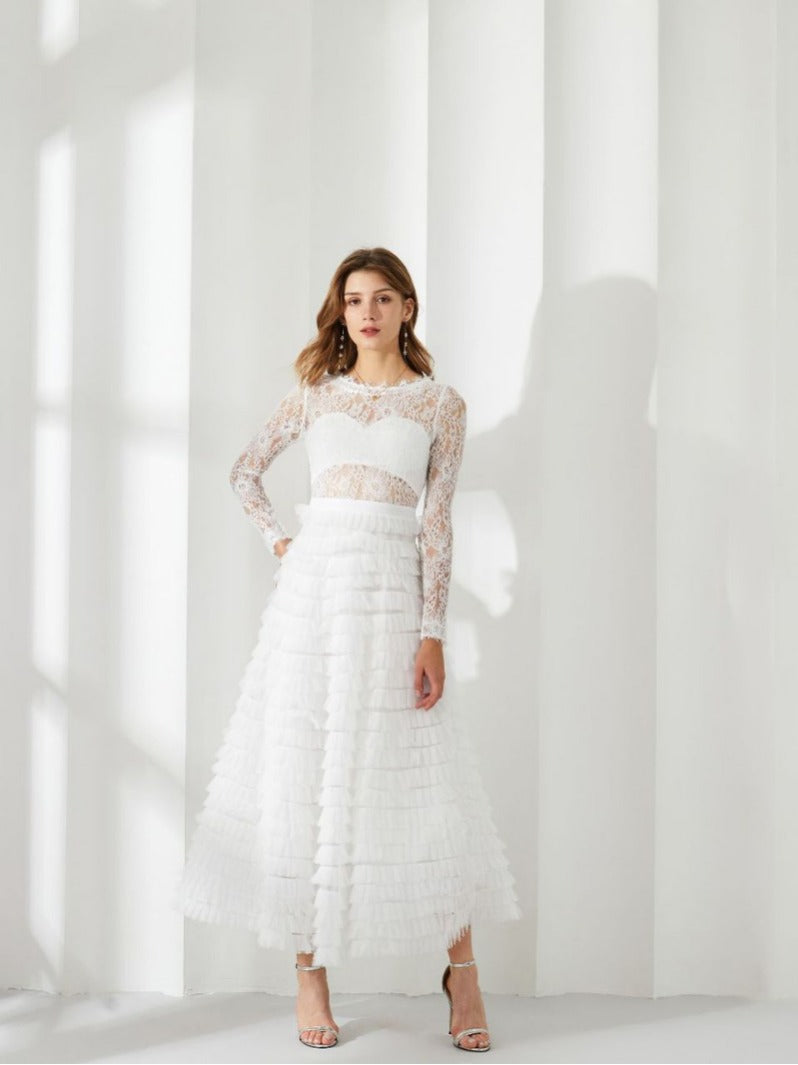 Robe Dentelle Trapèze Col Rond Manches Longues Robe de Soirée en Blanc