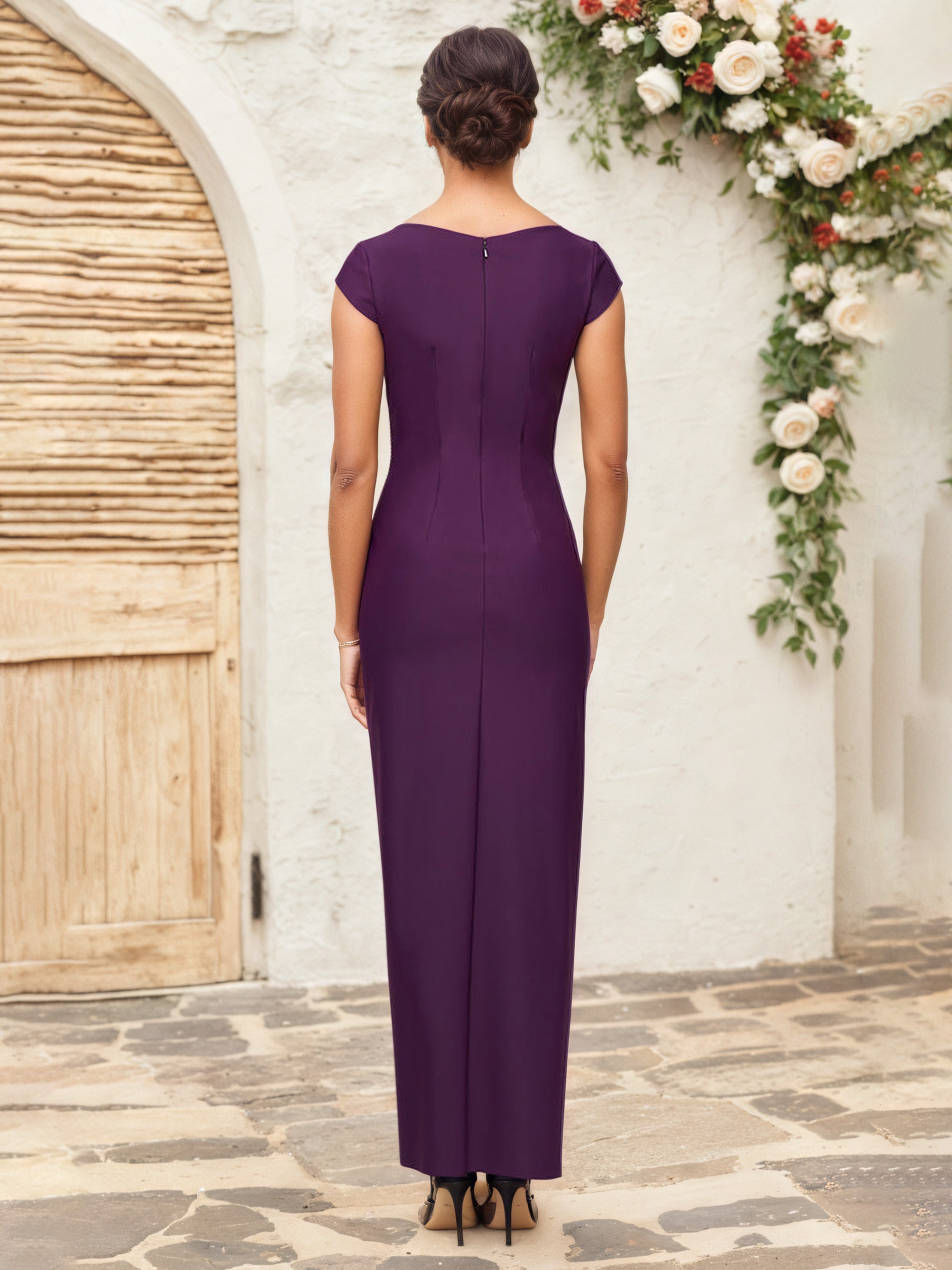 Robe Mere Dela Mariee RAISIN Fourreau/Colonne Col V Mancherons Robe Mère de la Mariée