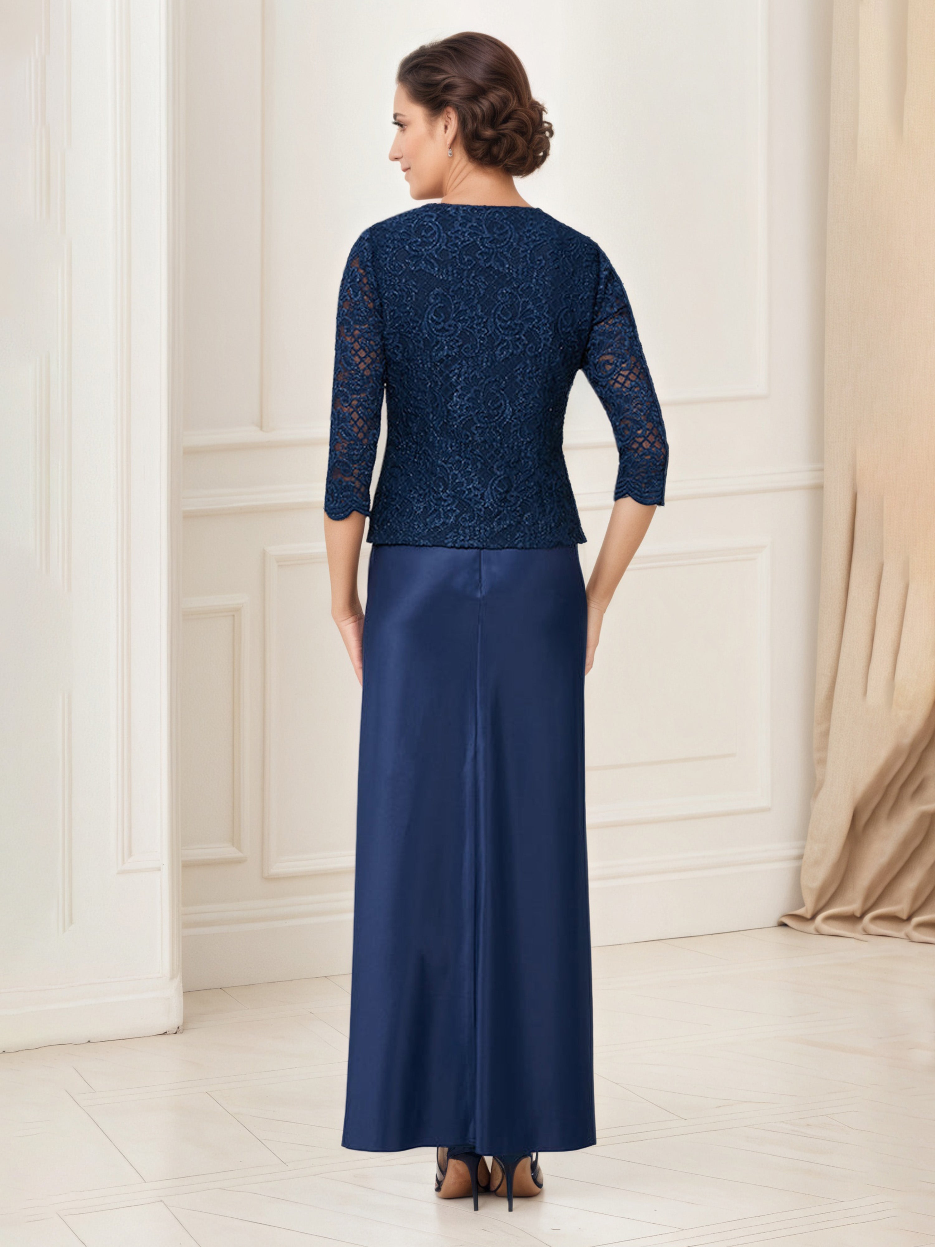Tenue Mère De la Mariée Très Chic BLEU_MARINE Col Rond Robe Ensemble Manches 3/4 Avec Veste en Dentelle