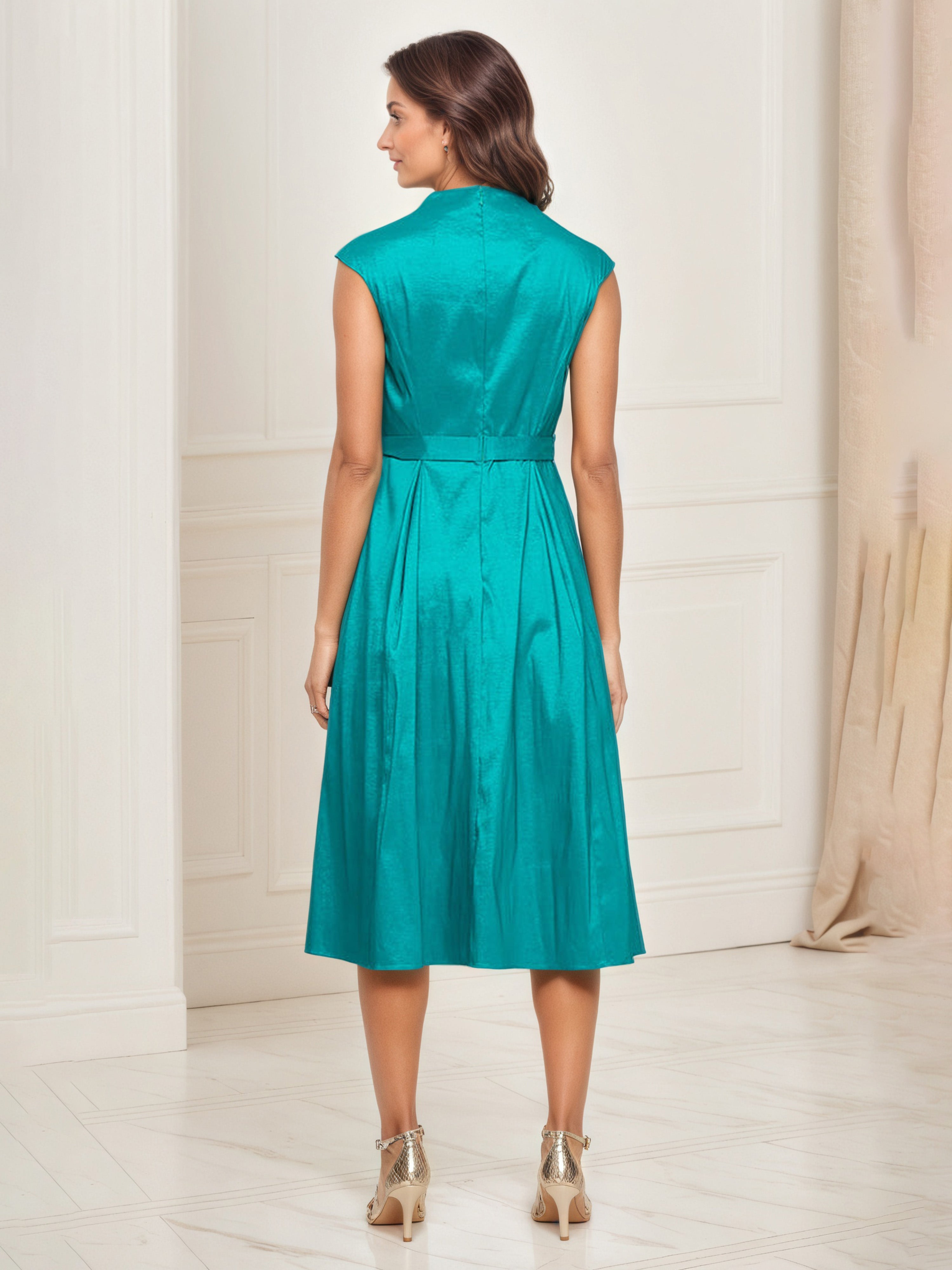 Robe Mere dela Mariee Jade Trapèze Col V Sans Manches Robe Mi-longue