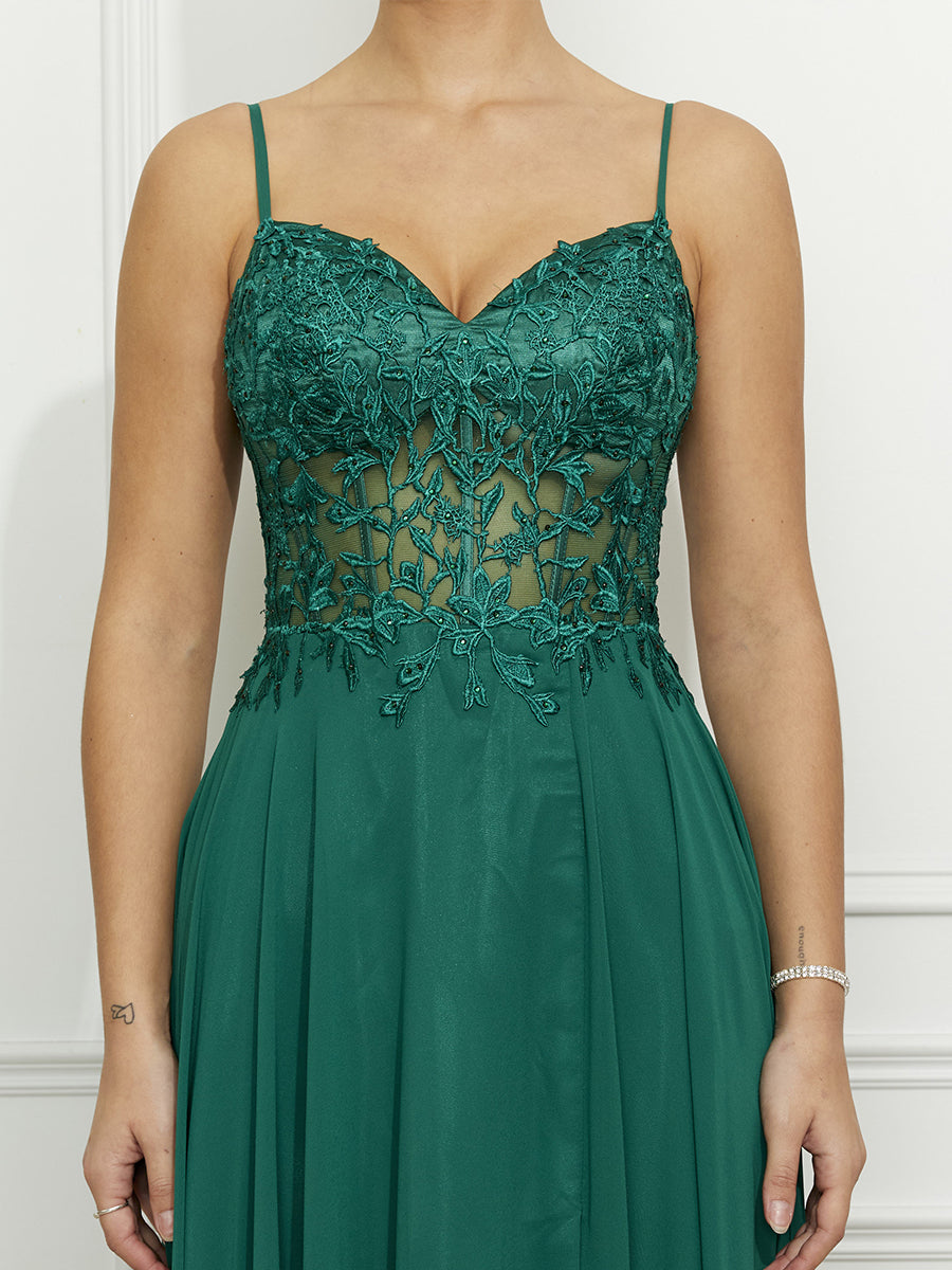 Cicinia VERT FONCE Robe de Soirée Longue en Mousseline Appliqués Dentelle A-Line Traîne Balayée