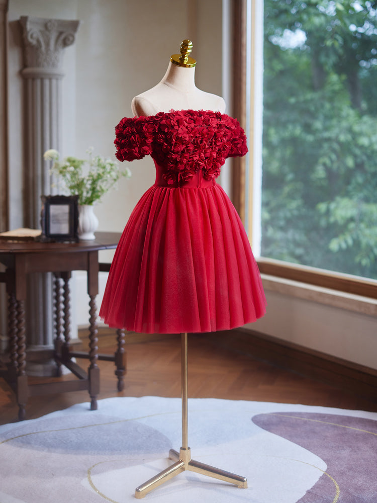Robe de bal en Tulle Bordeaux Épaules Dénudées avec fleurs