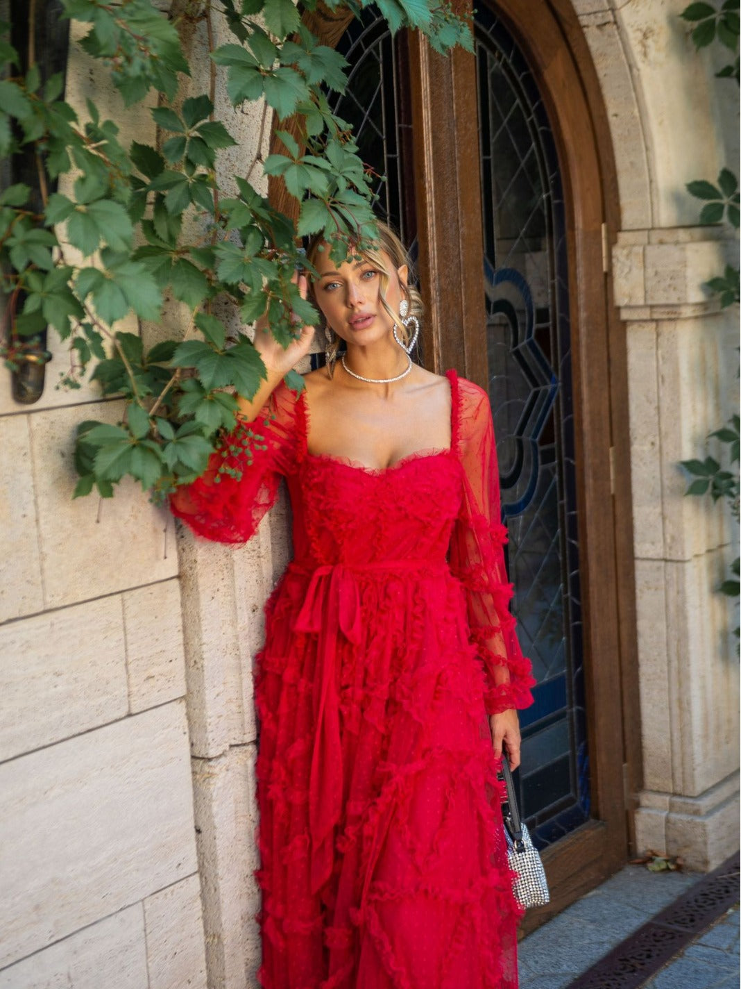 Robe Trapèze Cache Cœur Manches Longues Robe de Soirée en Rouge