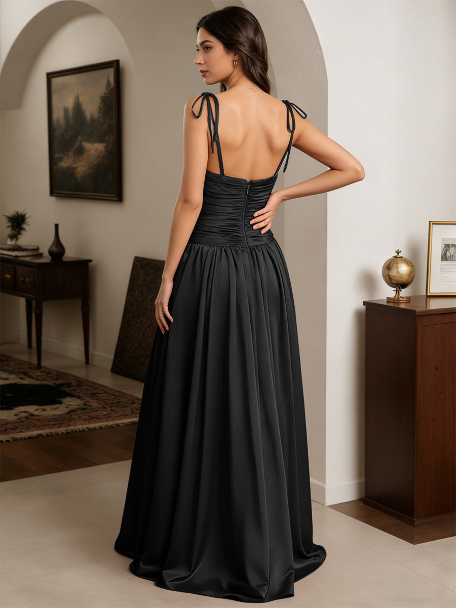 Cicinia Robe de Soirée Noire Longue A-Line en Satin à Bretelles Spaghetti Longueur Sol