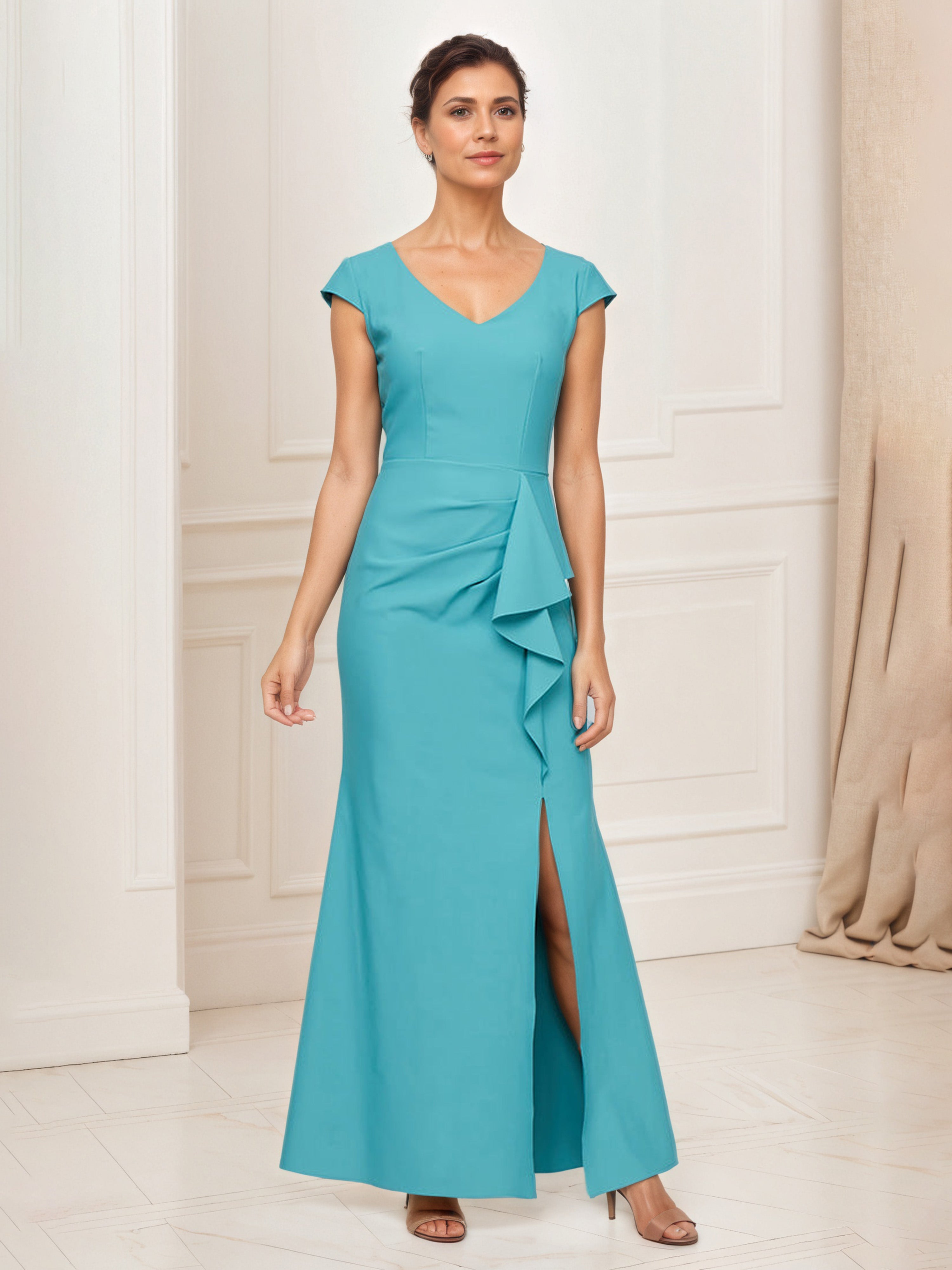 Robe Mère de la Mariée Jade Robe Longue Trompette/Sirène Col V Manchette