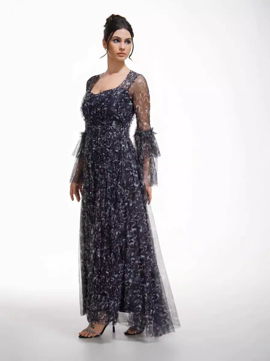 Robe Longue Trapèze Col en Cuillère Manches Longues Robe de Soirée en Noir