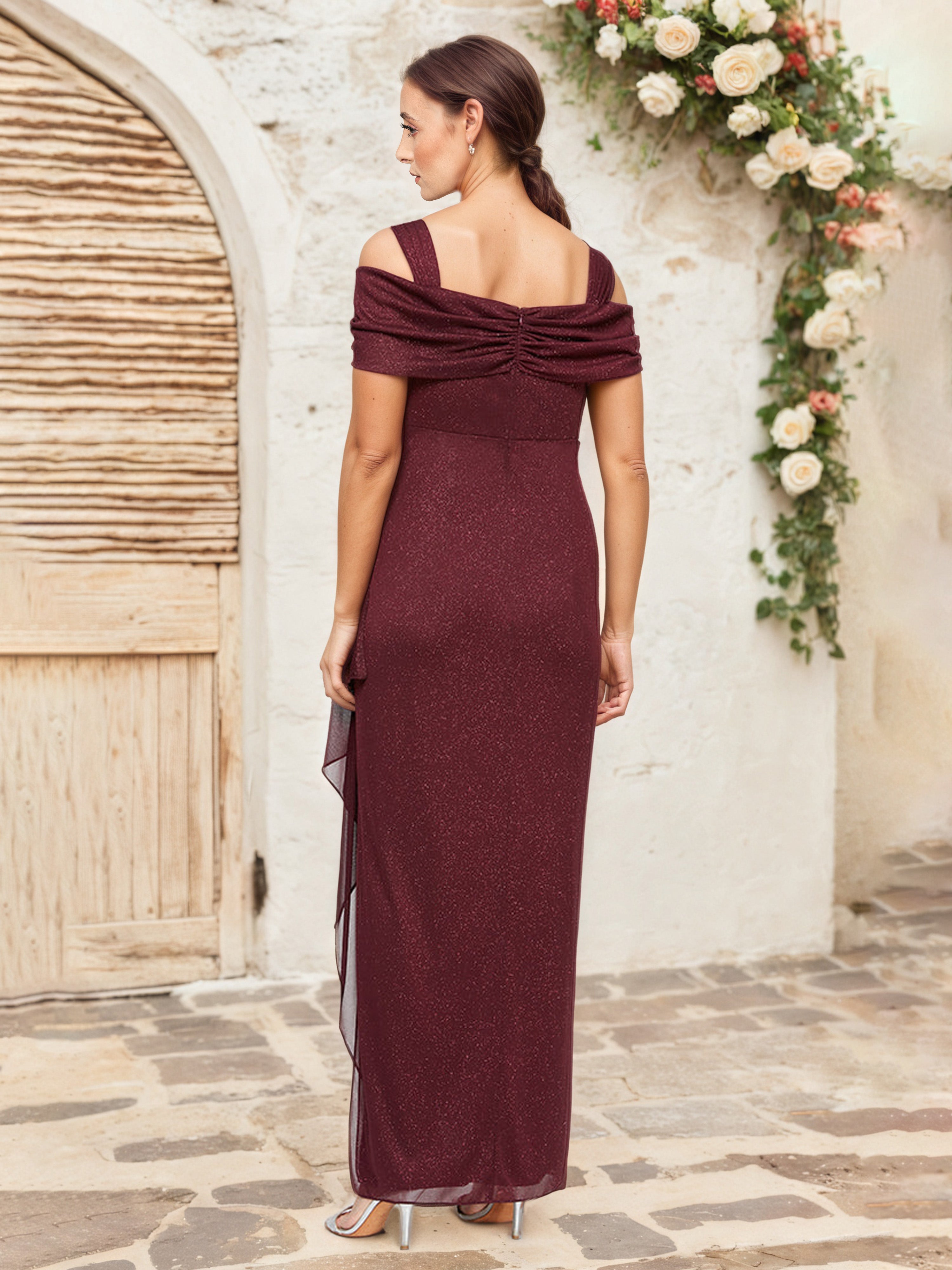 Robe Mere Dela Mariee CABERNET Fourreau/Colonne Épaule Dénudée Robe Pilssée