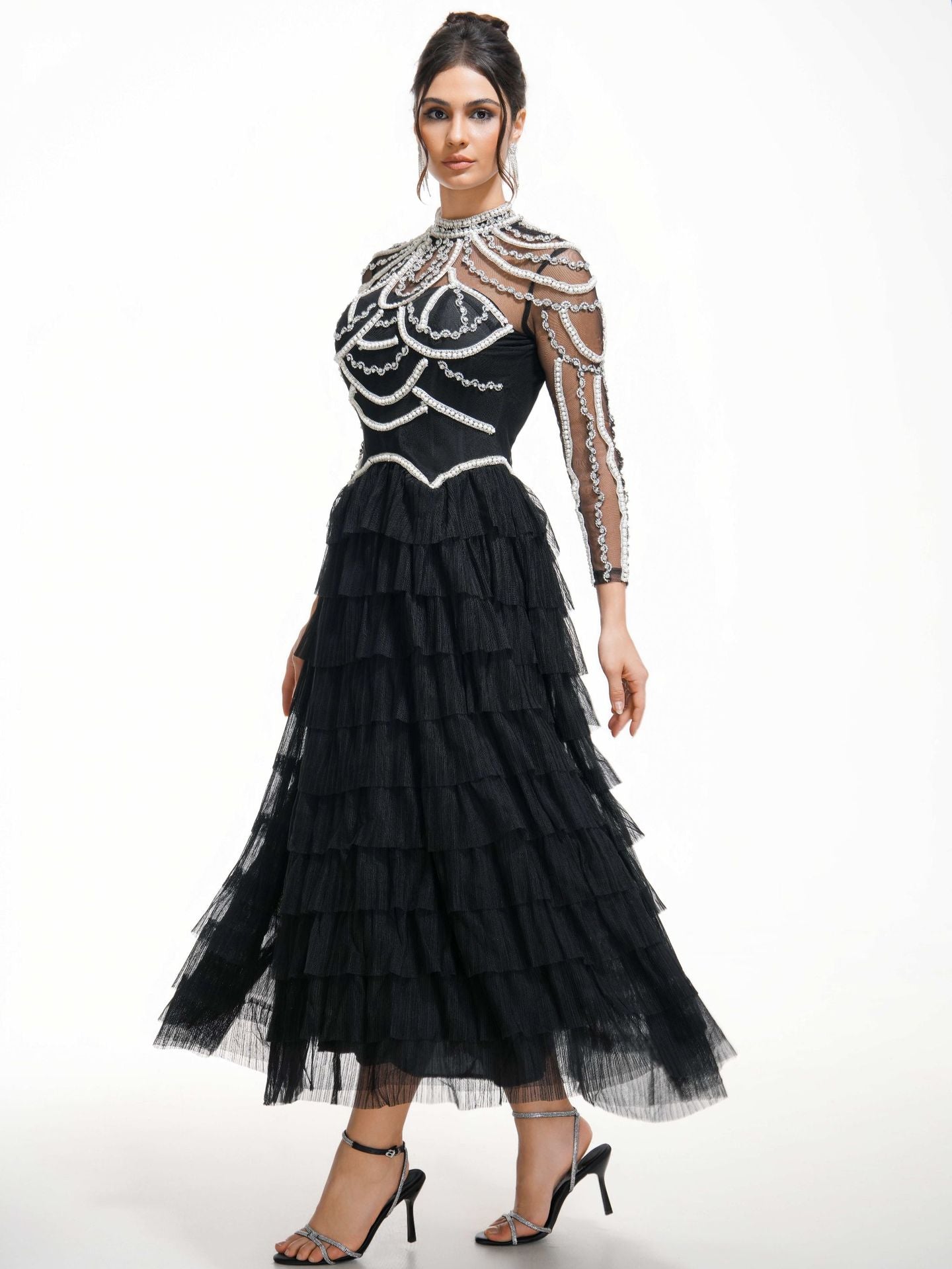 Robe Longue Trapèze Col Montant Manches Longues Robe de Soirée en Noir