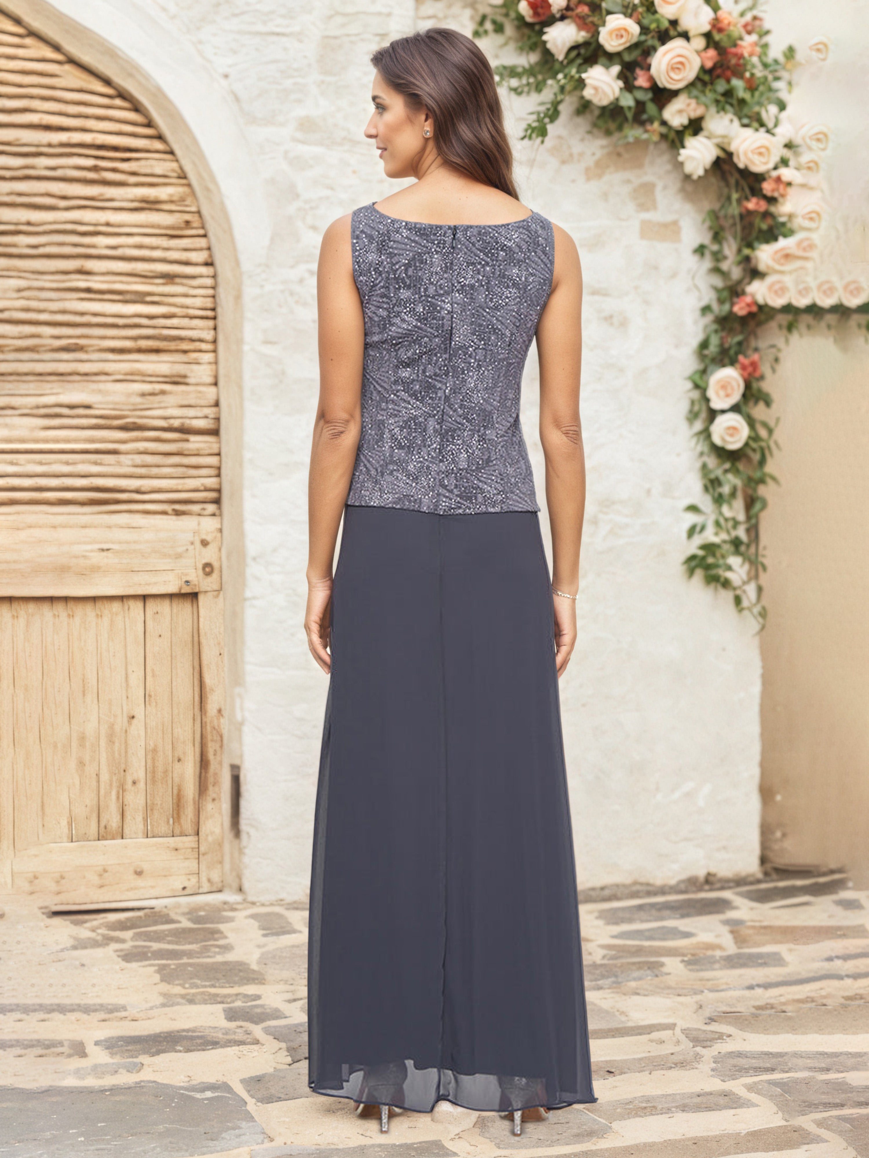 Robe Cérémonie Mariage Mère Du Marié Bleu Poussière Trapèze Col Carré Manches 3/4