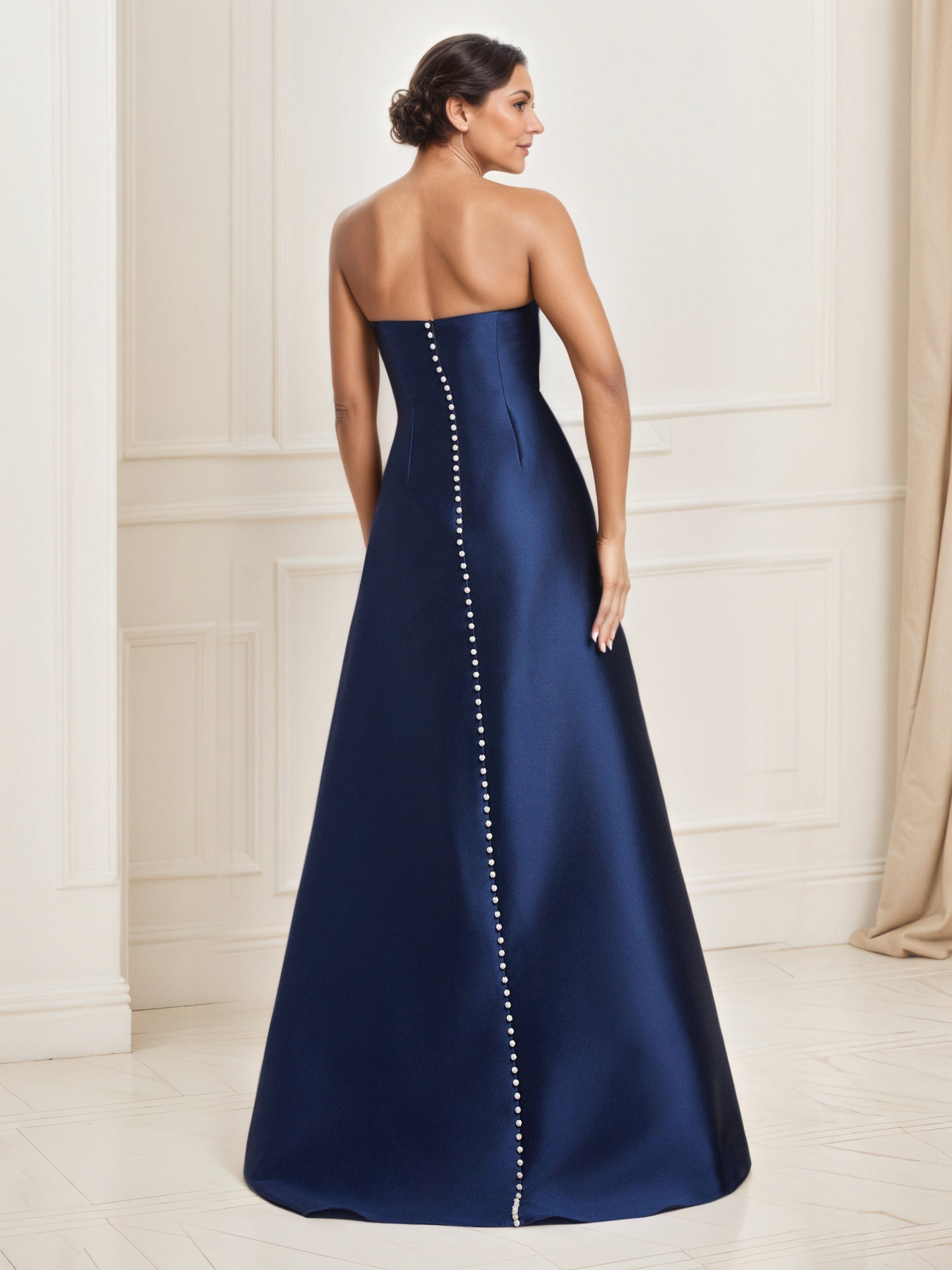 Robe de Bal Longue BLEU_MARINE A-Line en Satin Sans Bretelles avec Volants Décoratifs